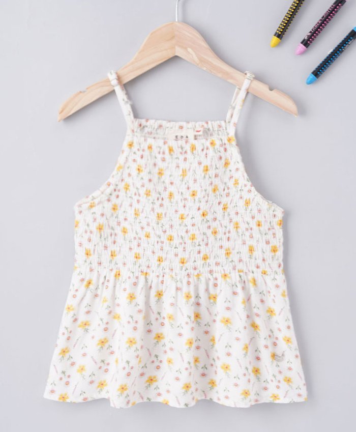 Ed-a-Mamma Cotton Sustainable Sleeveless Smocked Top Floral Print - Off White-picture-15