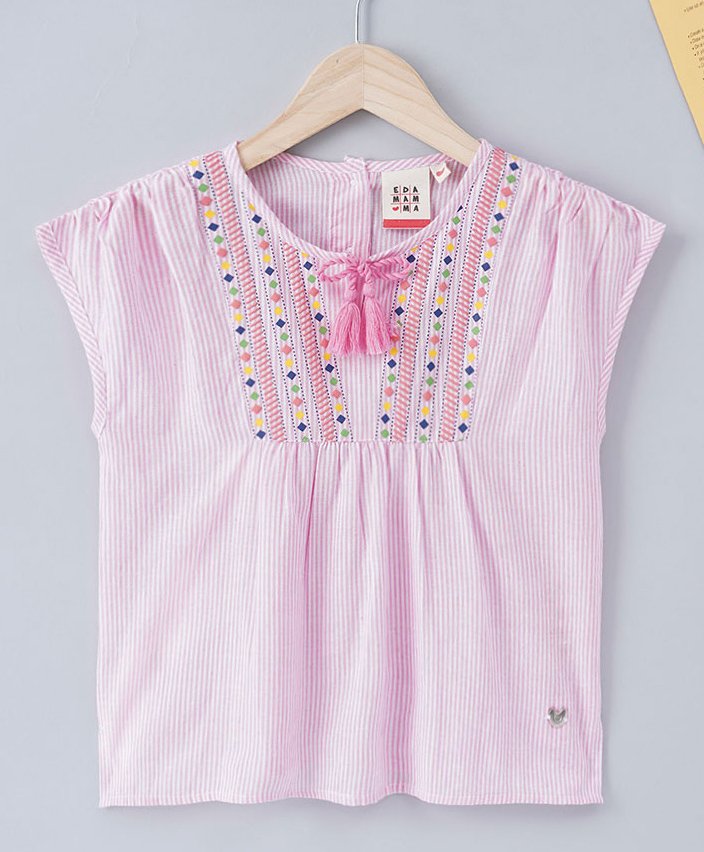 Ed-a-Mamma Cotton Sustainable Short Sleeves Embroidered Panel Striped Top - Pink-picture-19