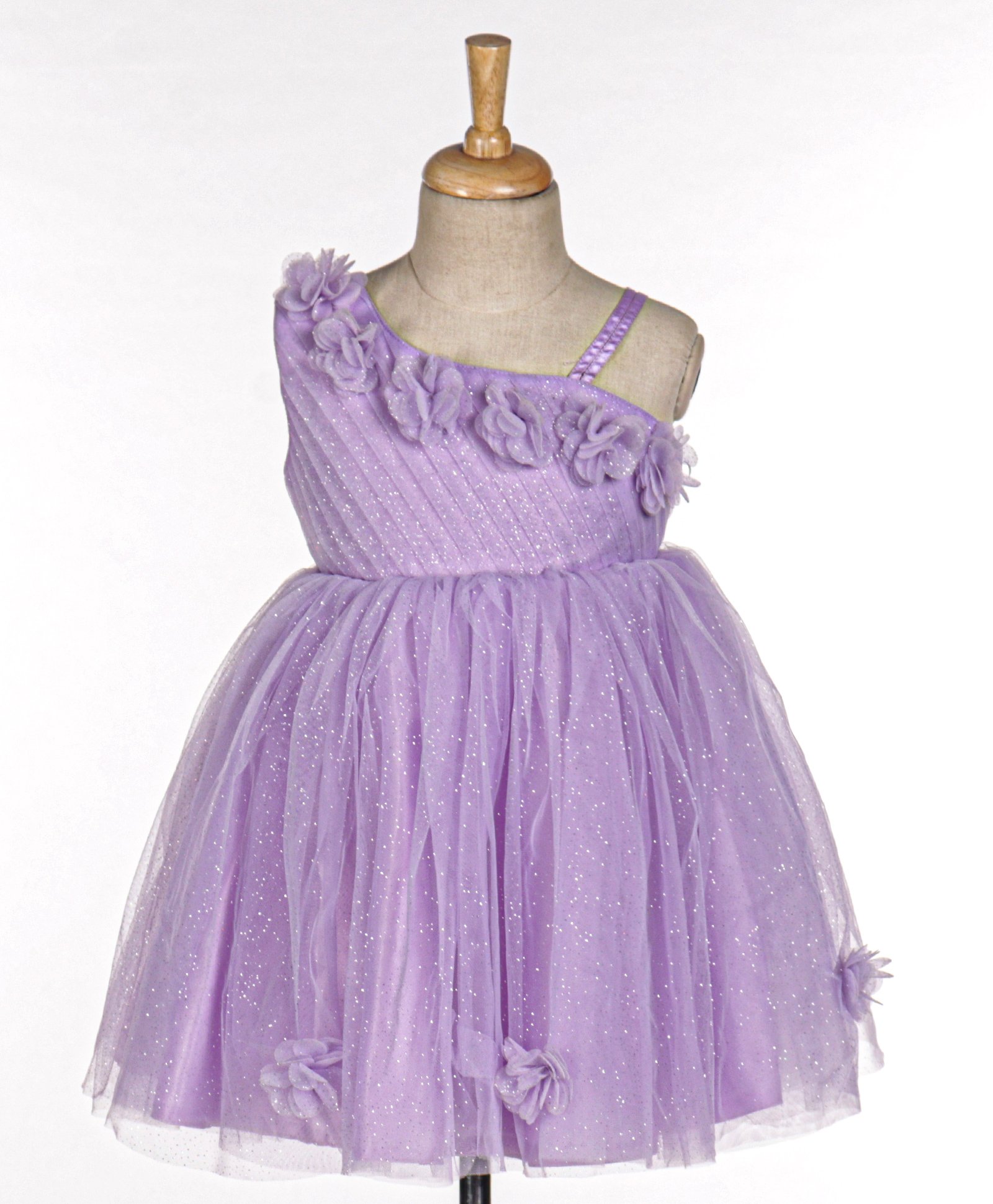 Babyhug Sleeveless One Shoulder Party Frock With Floral Corsage & Glitter Detailing - Lavender-image-47