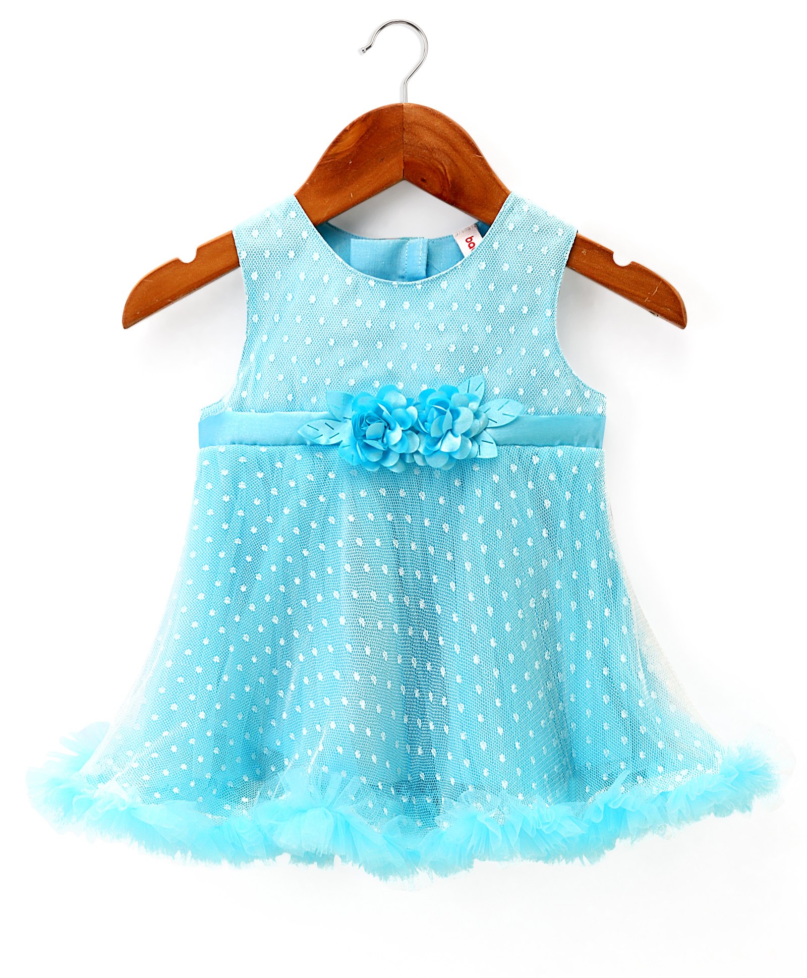 Babyhug Sleeveless  Swiss Dot Design Party Dress with Floral Corsage - Light Blue-image-26