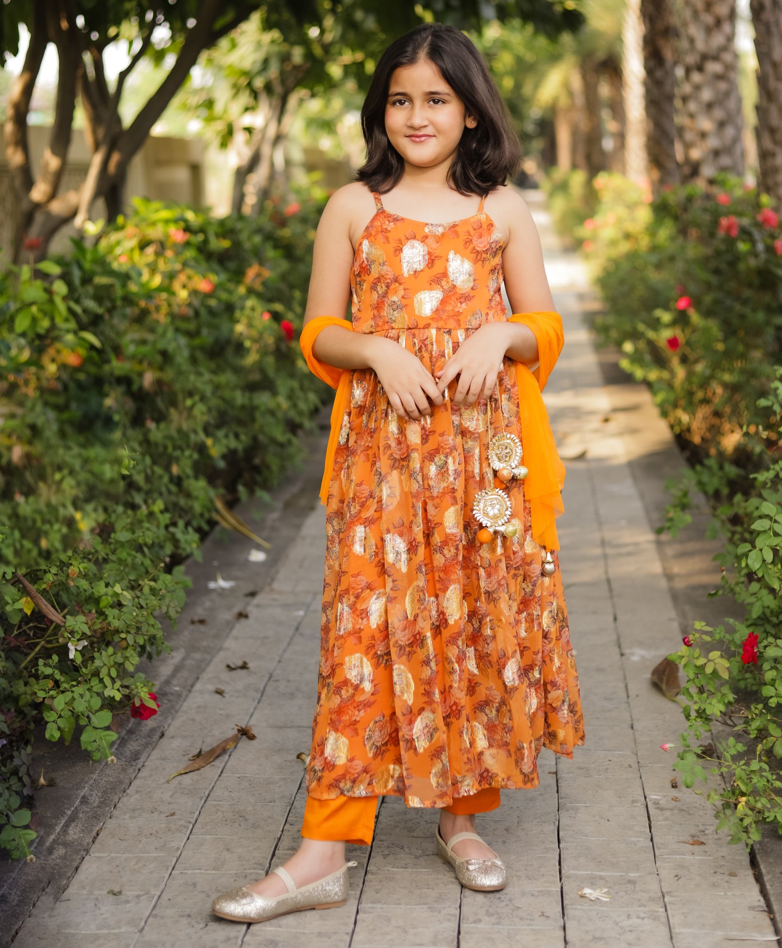 Piccolo Sleeveless Floral Rose Abstract Foil Printed With  Zari Motifs And Gota Hangings Anarkali Kurta & Pant Set  - Orange-picture-13
