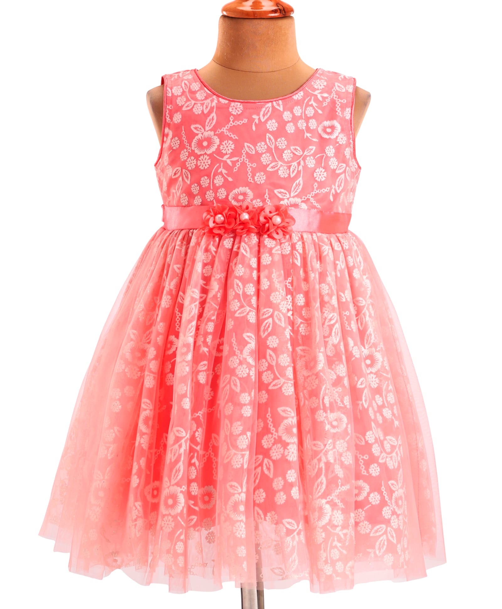 Babyhug Sleeveless Party Frock With Floral Foil Embroidery & Corsage- Peach-image-20