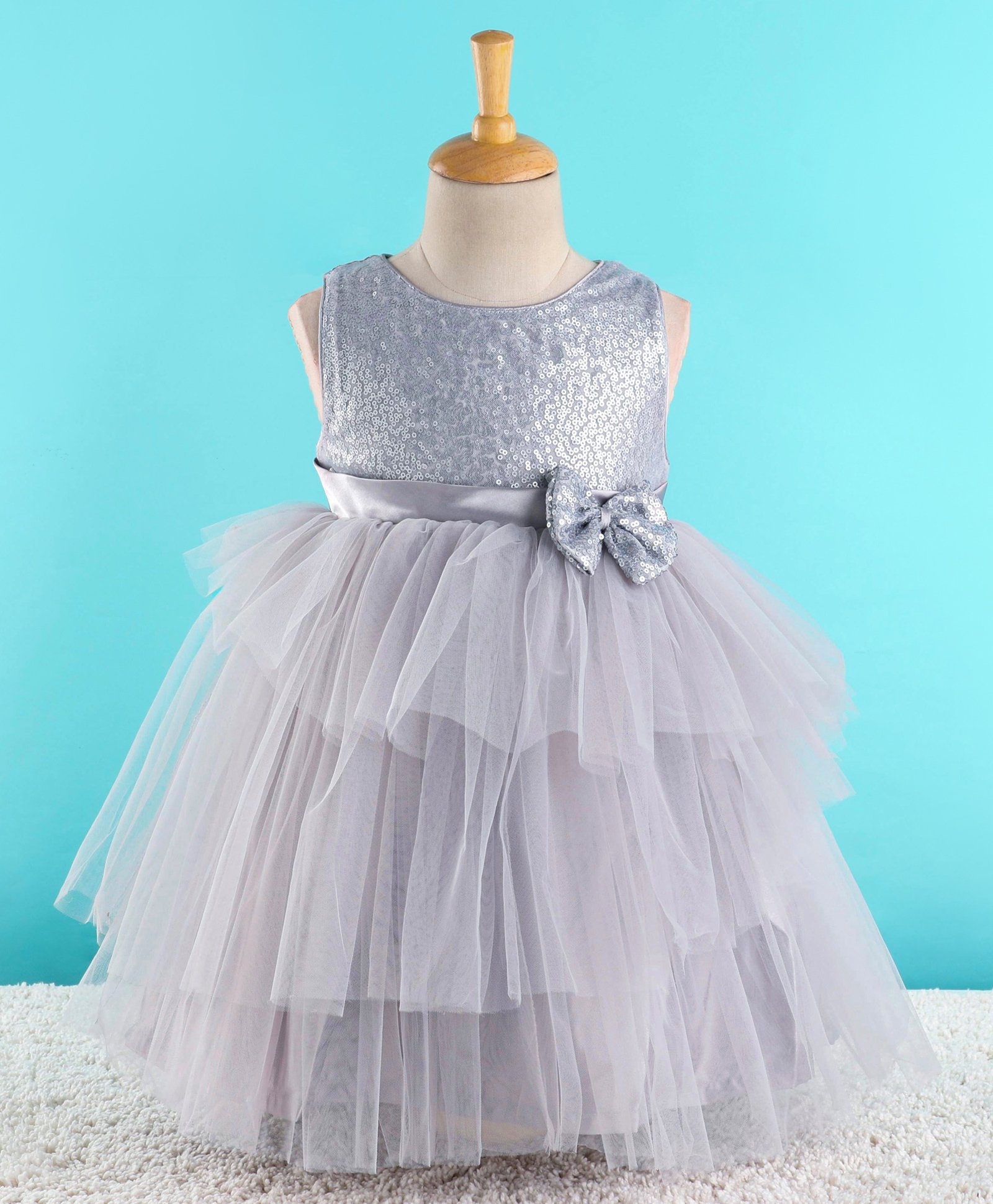 Babyhug Sleeveless  Layered Party Frock With Sequin Embroidery & Bow Applique- Grey-image-47