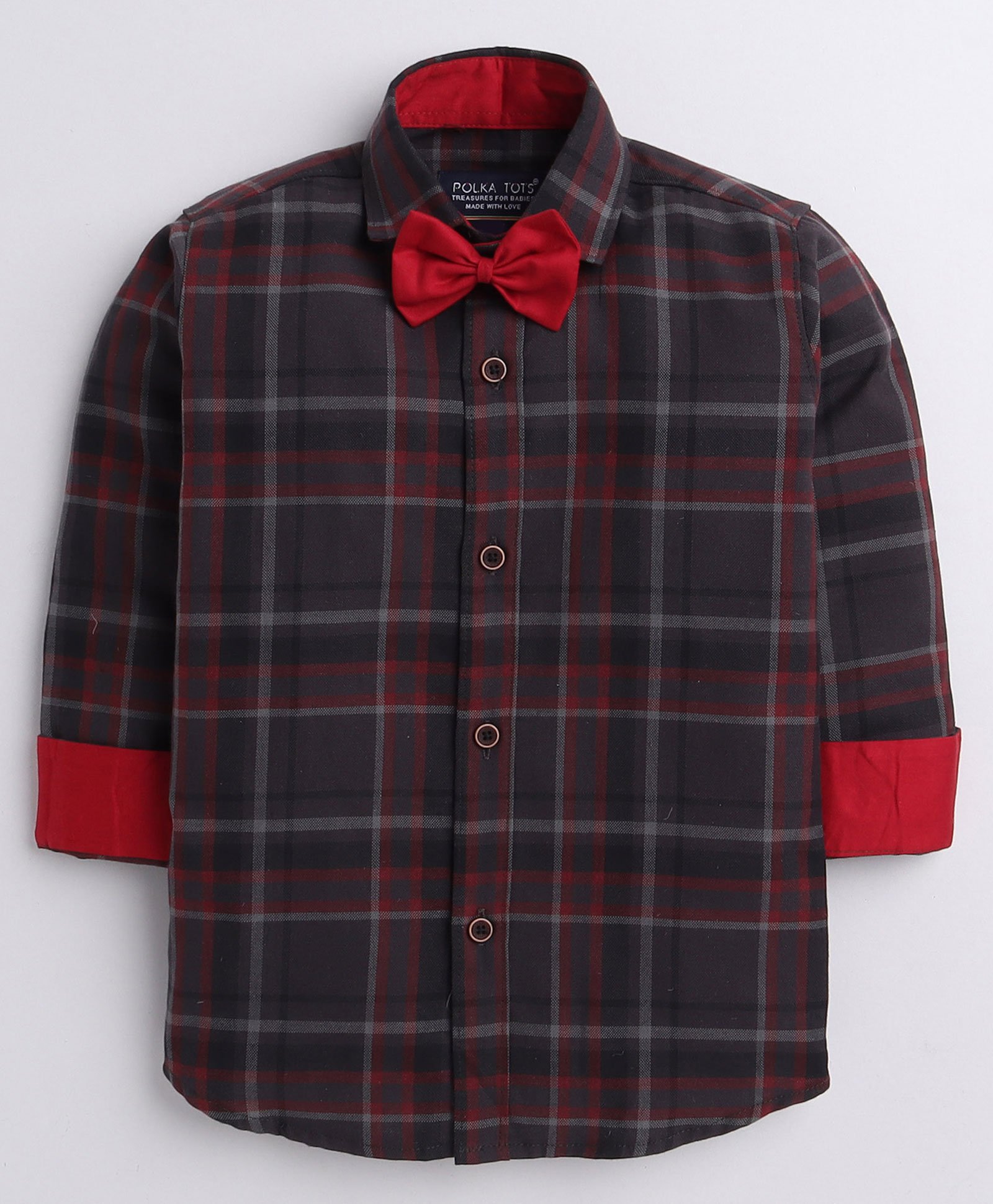 Polka Tots Full Sleeves Plaid Checked Shirt With Bow Tie & Elbow Patch Detail  - Red-image-39