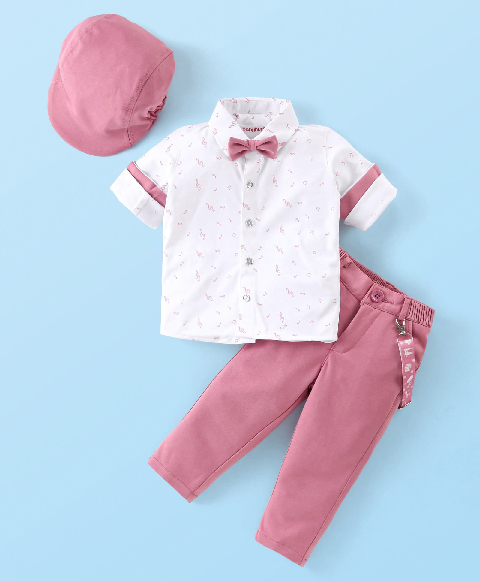 Babyhug Full Sleeves Musical Notes Printed Stretch Fit Party Shirt & Trousers with Cap & Bow - Peach & White-image-6