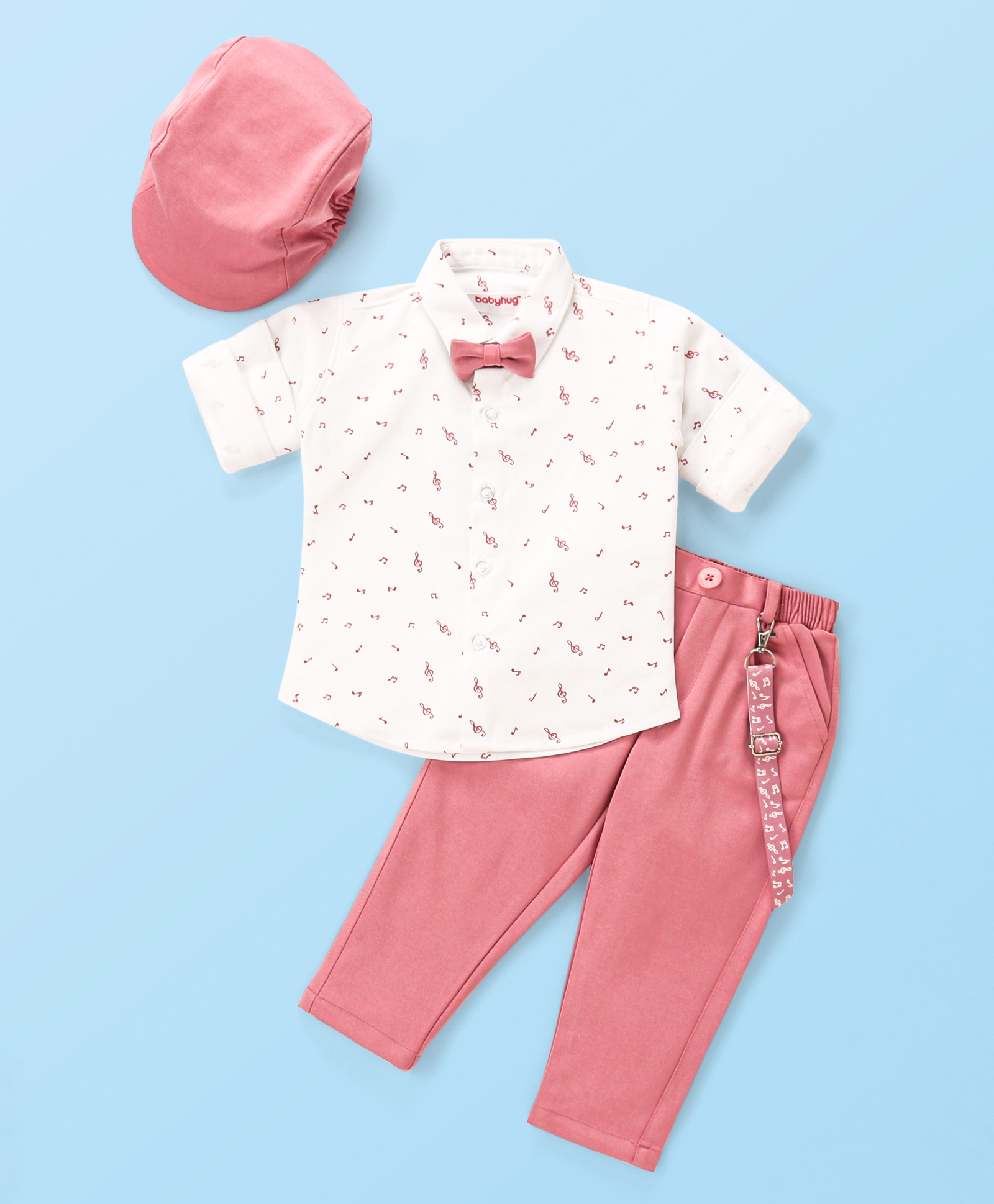 Babyhug Full Sleeves Musical Notes Printed Stretch Fit Party Shirt & Trousers with Cap & Bow - Peach & White-picture-20