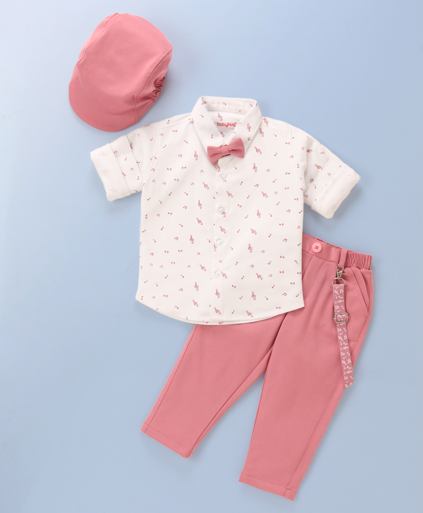 Babyhug Full Sleeves Musical Notes Printed Stretch Fit Party Shirt & Trousers with Cap & Bow - Peach & White-image-33