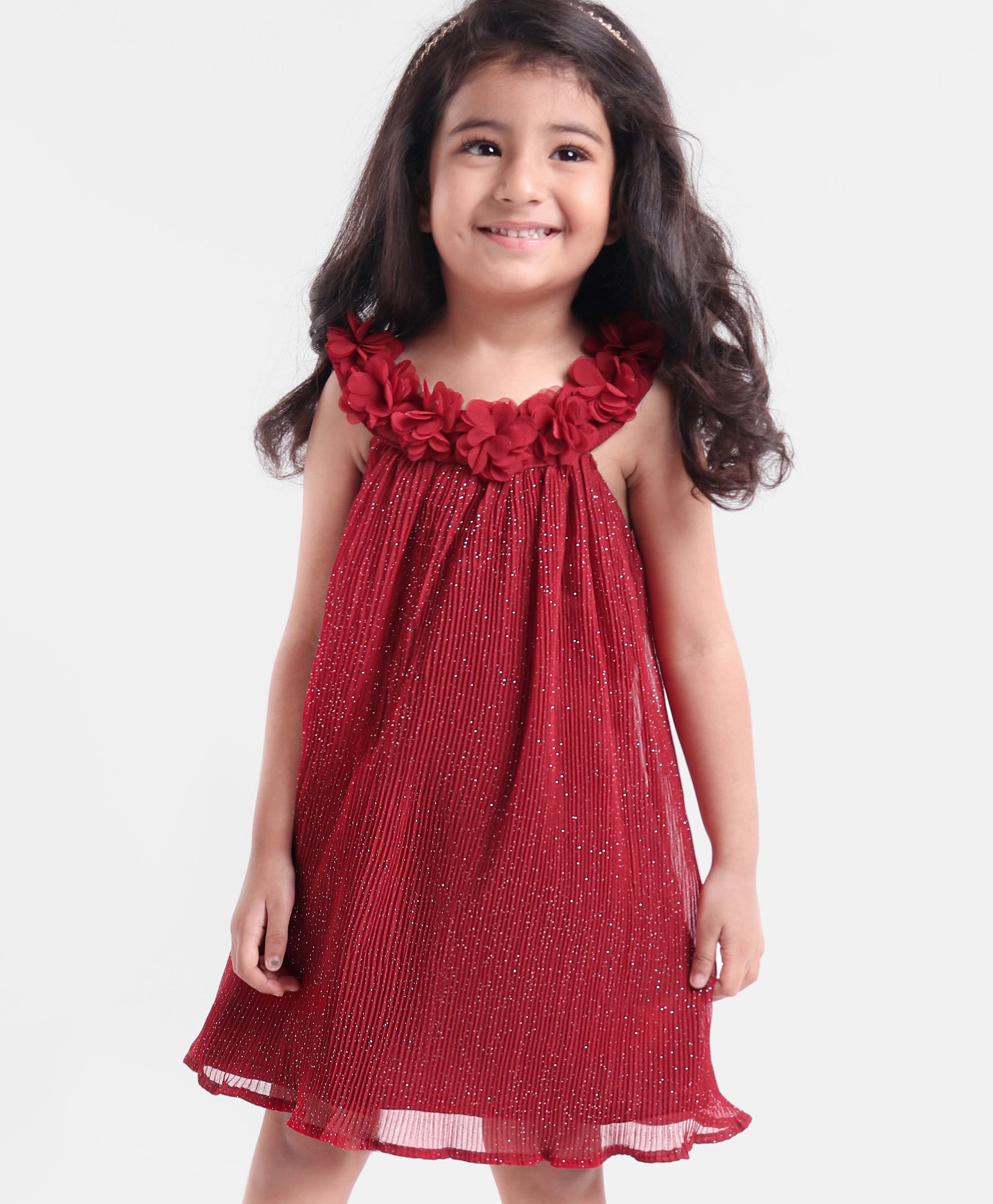 Babyhug Georgette Sleeveless Pleated A Line Party Frock Glitter Print- Maroon-image-34