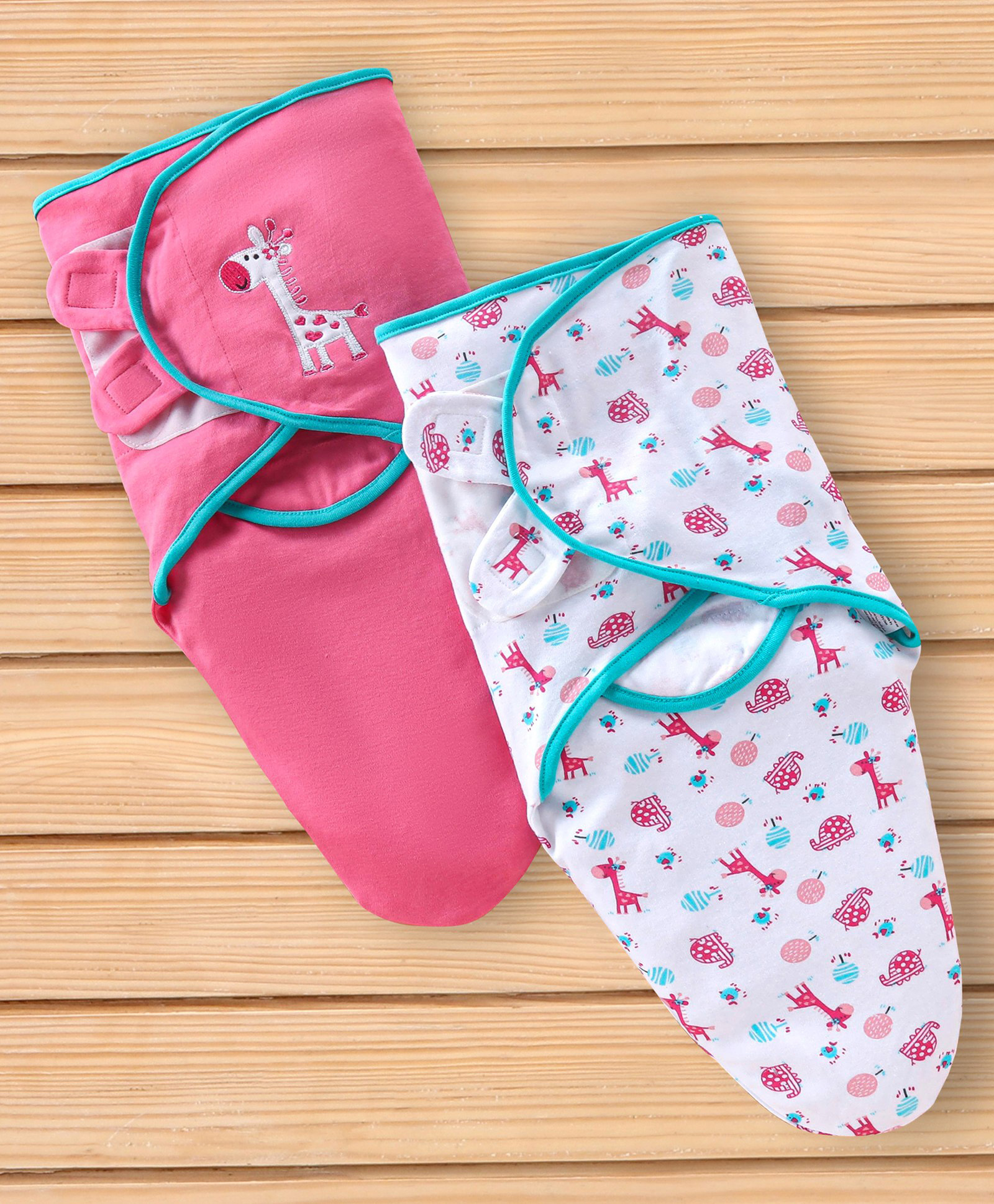Babyhug 100% Cotton Swaddle Wrapper Giraffe Theme Pack of 2 - Pink & White