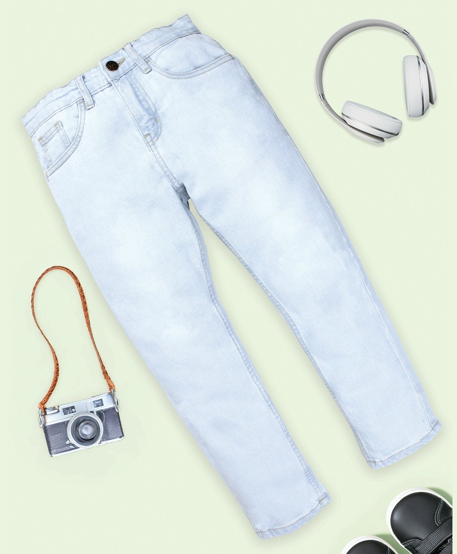 Kiddopanti Solid Button Down 5 Pocket Denim Pant - Ice Blue-picture-14