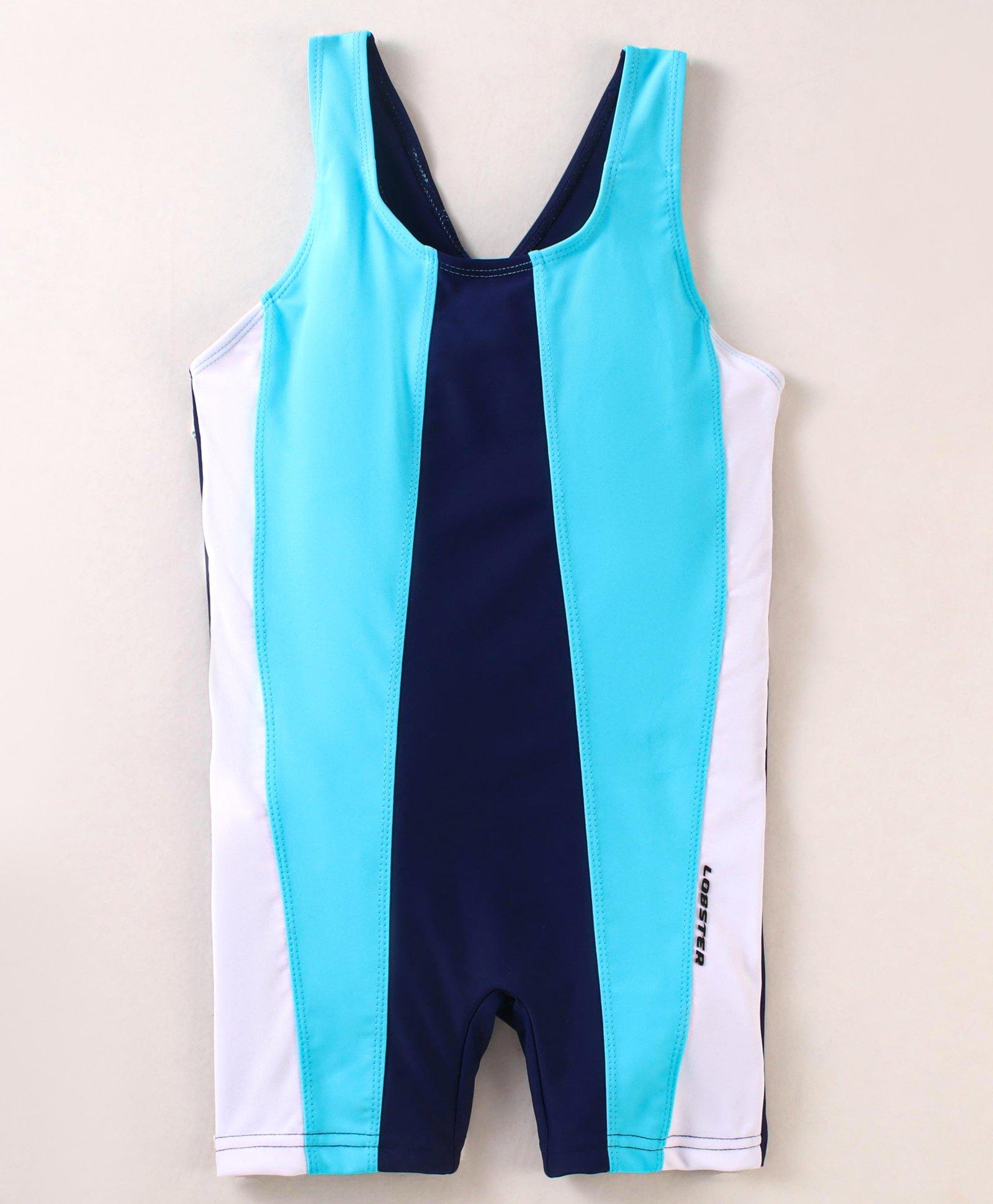 Lobster Sleeveless Legged Solid Color Swimsuit - Blue & White-image-0