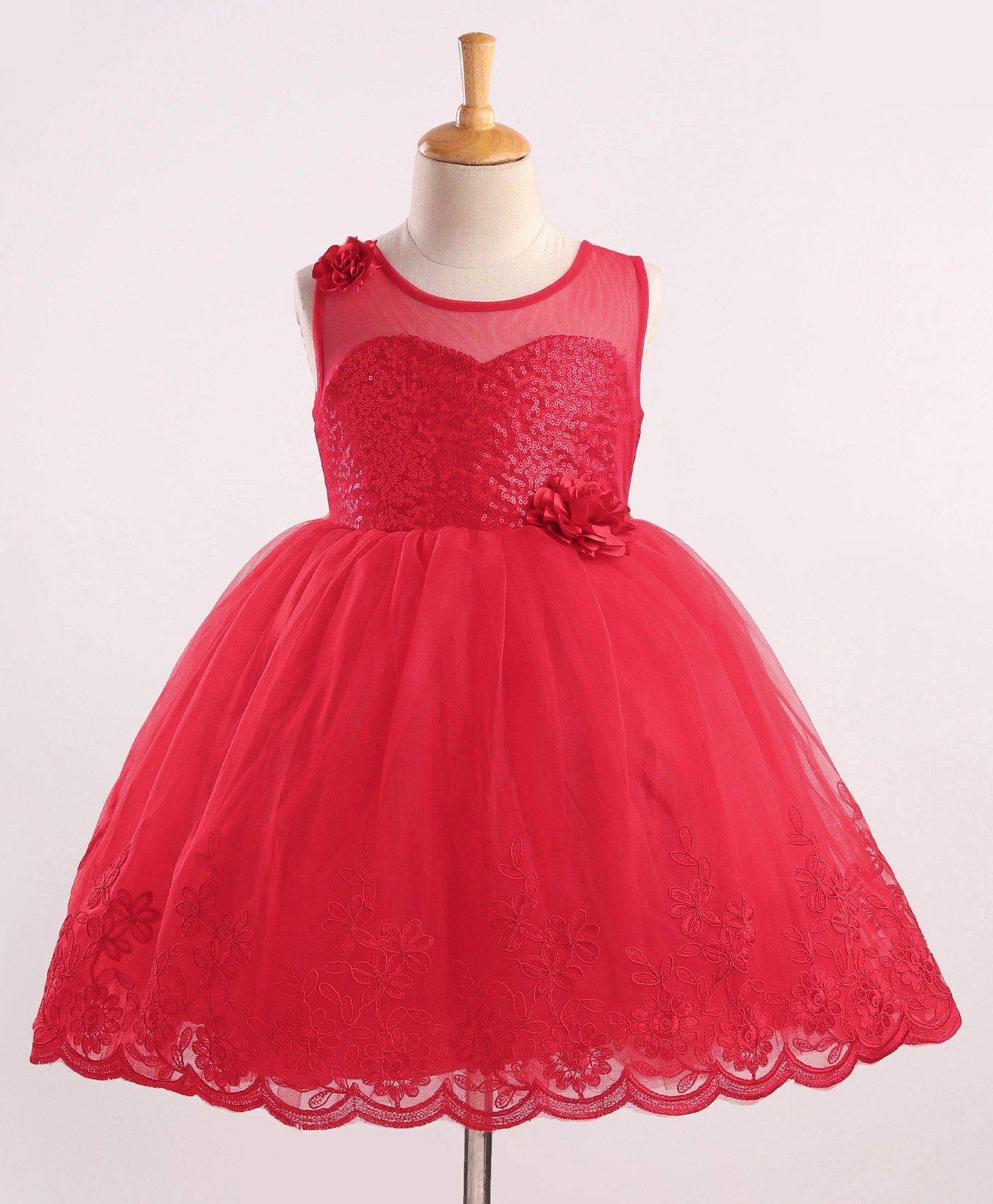 Bluebell Woven Sleeveless Party Frock With Sequin Embellished & Net Detailing - Red-picture-23