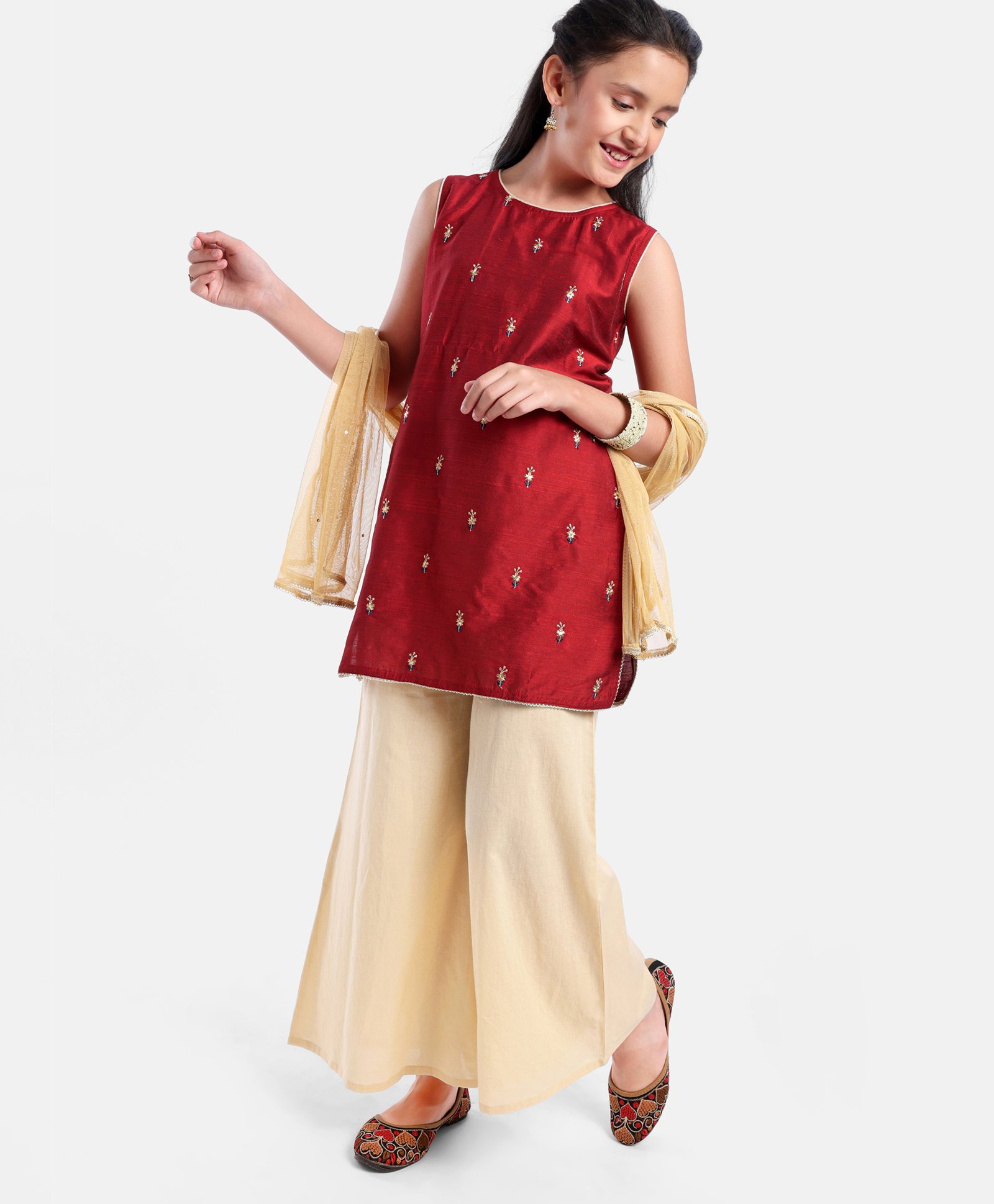 Pine Kids Sleeveless Embroidered Kurti & Churidar Salwar Set- Maroon-image-49