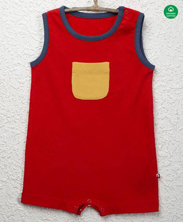 Nino Bambino 100% Cotton Sleeveless Pocket Detail Solid Romper - Red-image-13