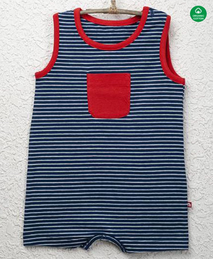 Nino Bambino 100% Cotton Sleeveless Railroad Striped Romper - Blue & Red-image-31