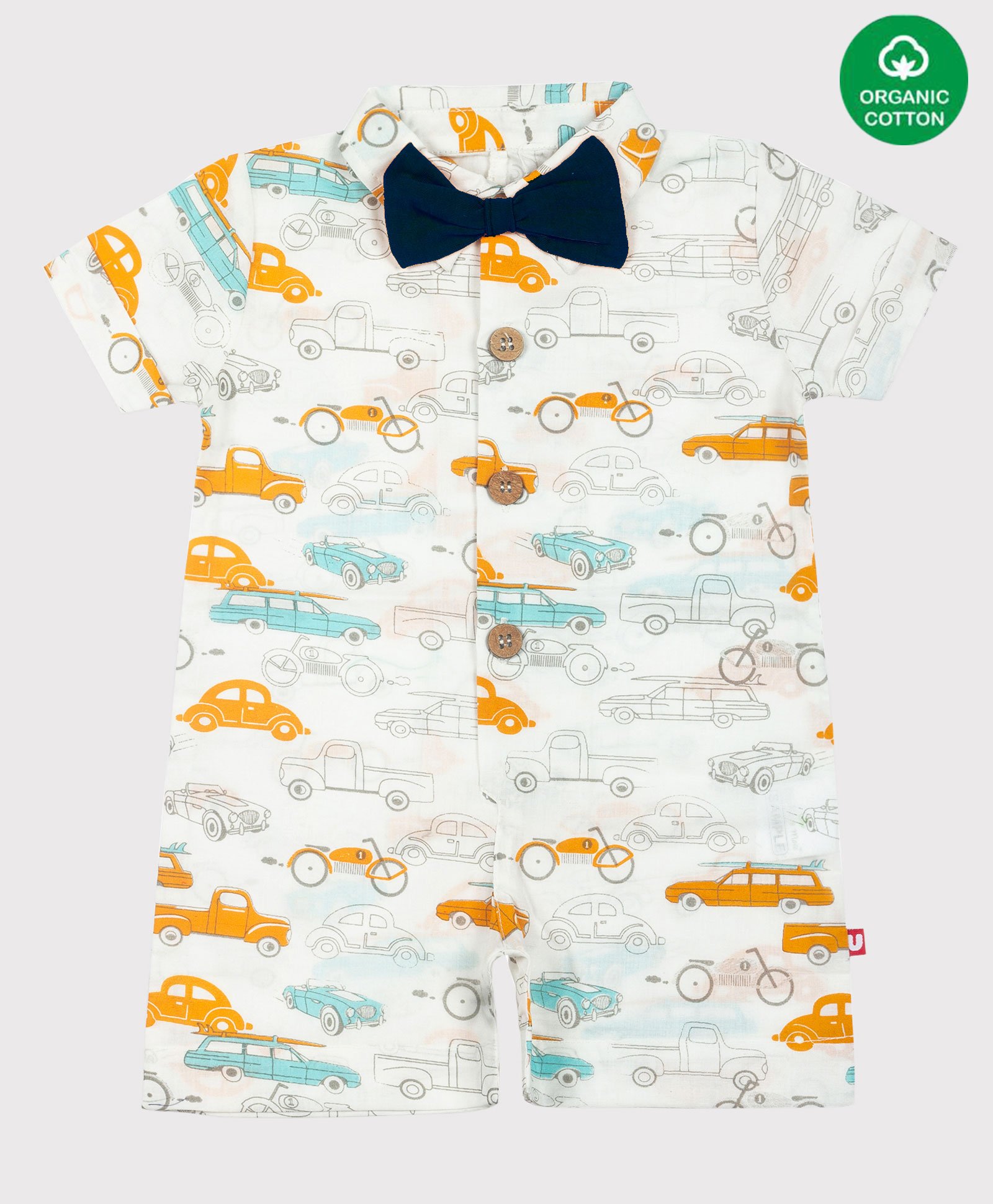 Nino Bambino 100% Cotton Half Sleeves Bow Applique Cars Printed Romper - Off White-image-10
