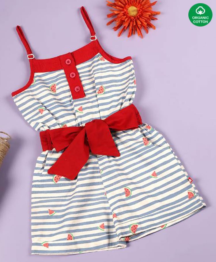 Nino Bambino 100% Cotton Sleeveless Striped Watermelon Printed Jumpsuit - Red-image-5