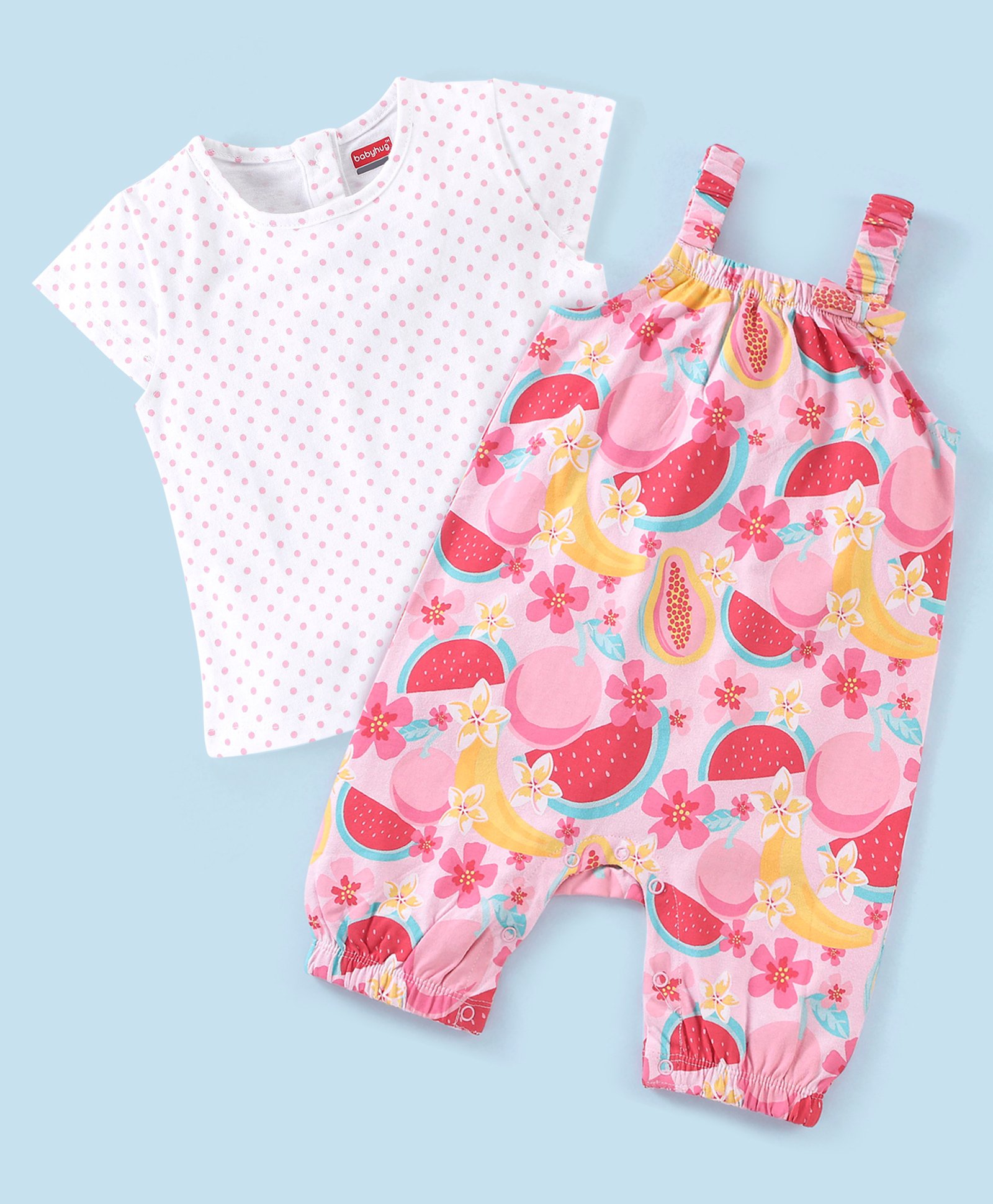 Babyhug 100% Cotton Knit Dungaree with Cap Sleeves Tee Set Floral & Fruity Print - Pink & White-picture-19