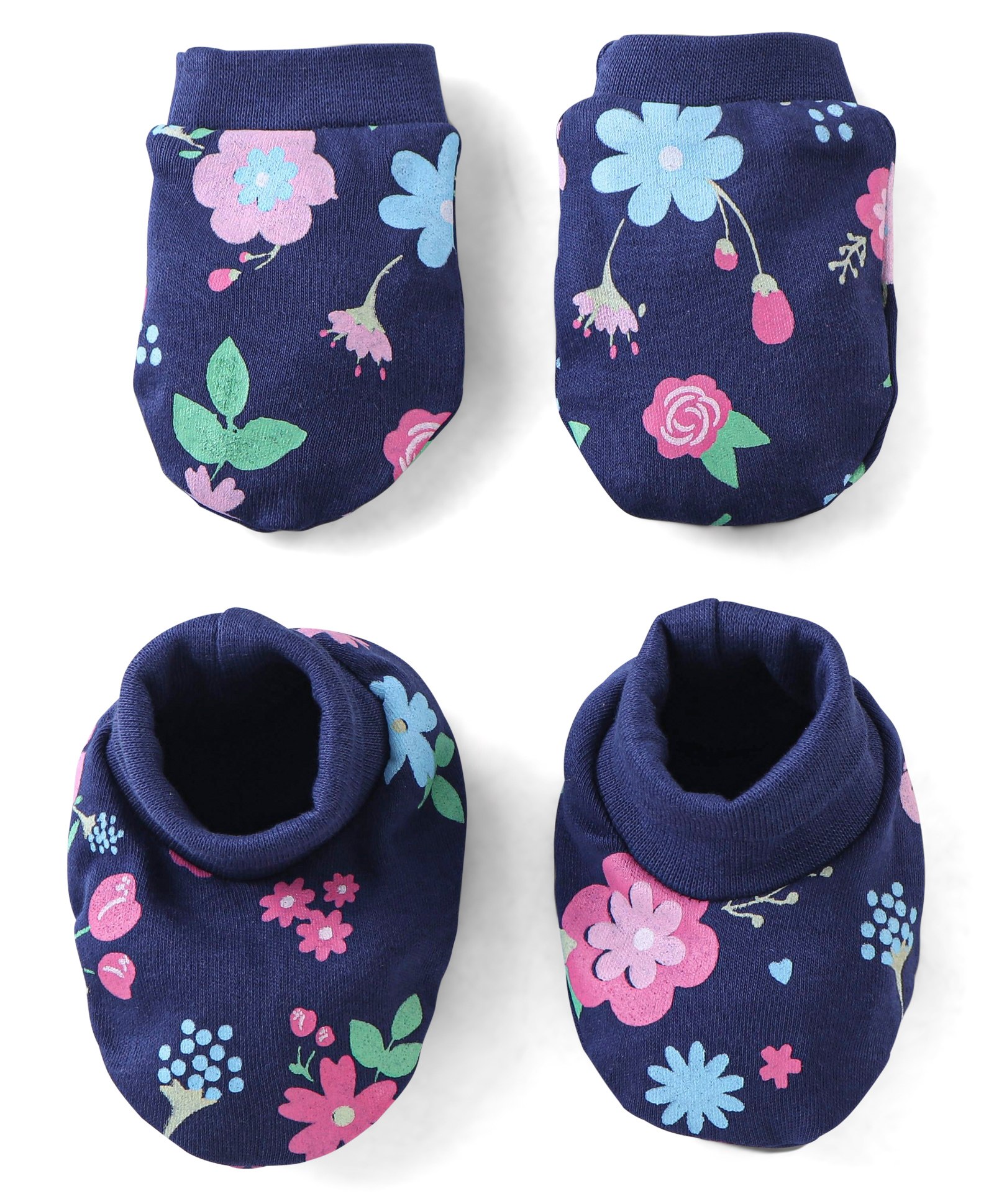 Babyhug 100% Cotton Knit Mittens & Booties Floral Print - Navy Blue-image-25