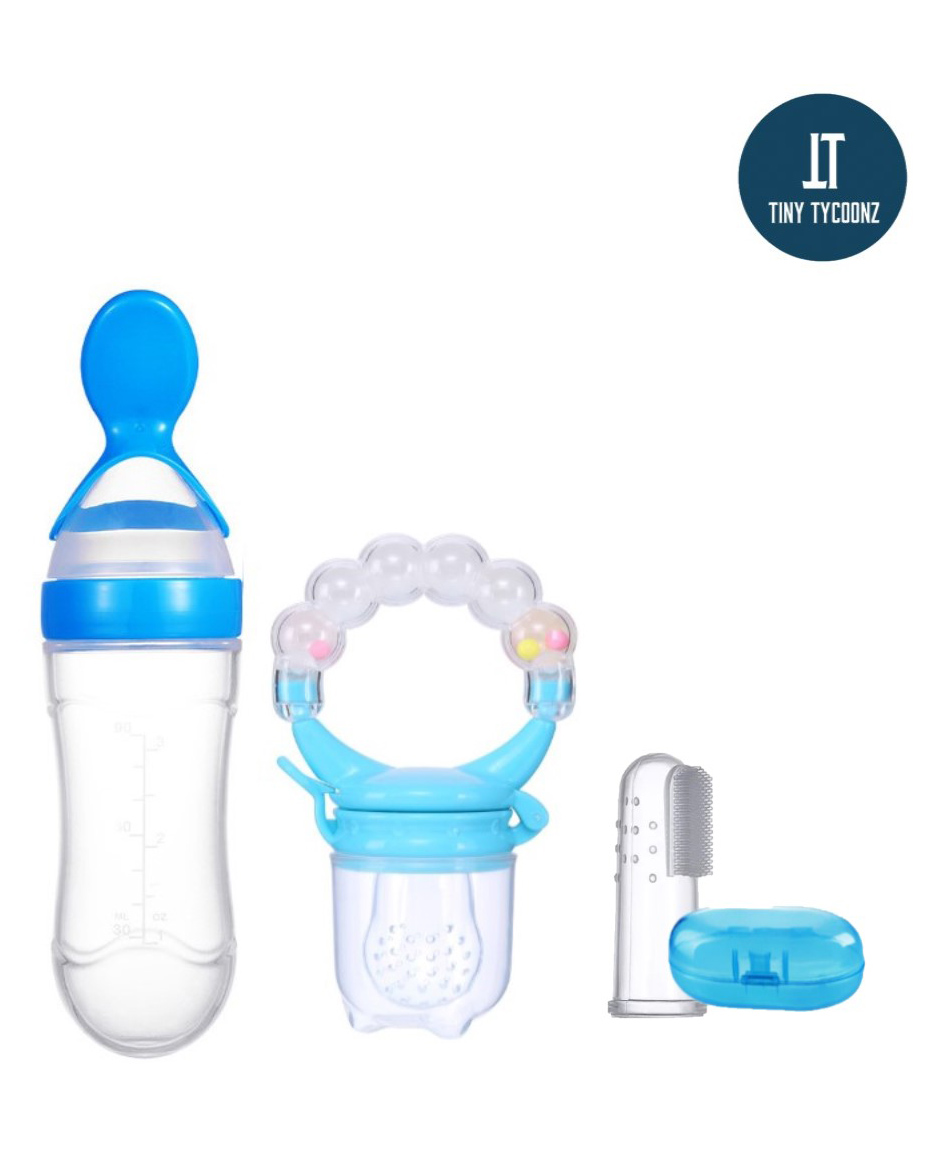 Tiny Tycoonz Combo of Silicone Squeezy Food Feeder Bottle With Spoon - Blue-picture-25