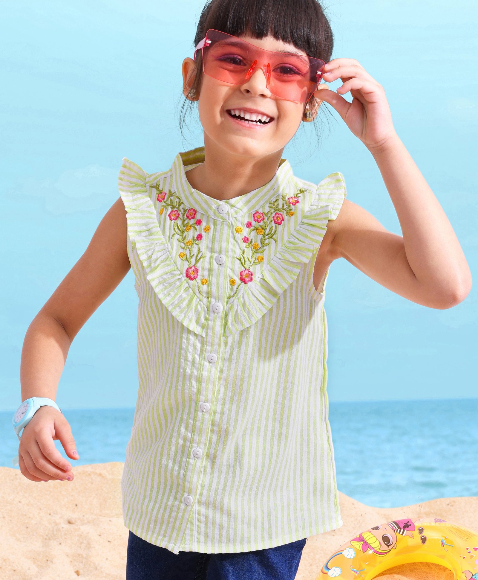 Babyhug Cotton Sleeveless Top With Dobby Striped Embroidery & Frill Detailing - Green & White-image-11