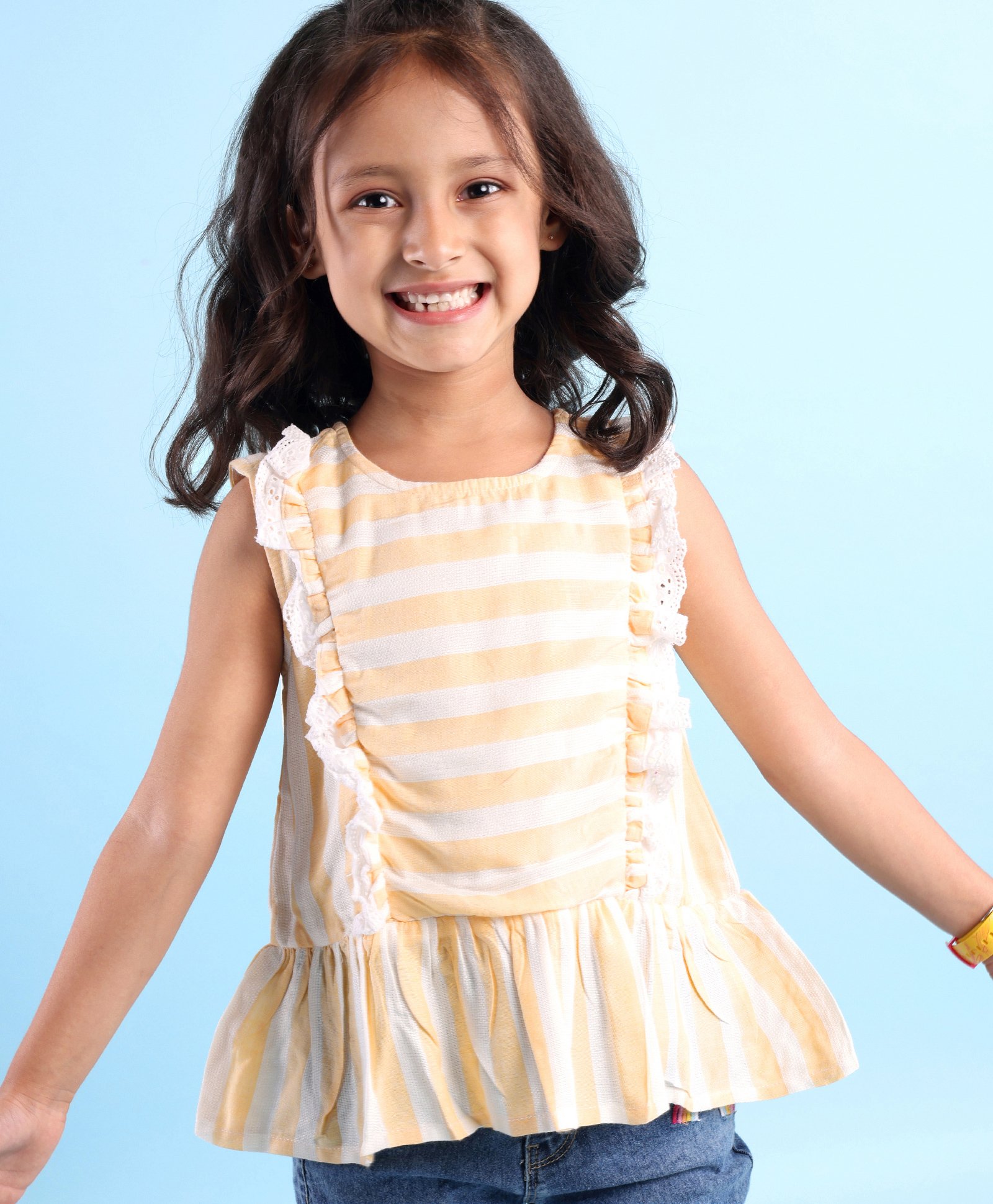 Babyhug Rayon Sleeveless Top With Striped & Lace Detailing - Yellow-picture-20
