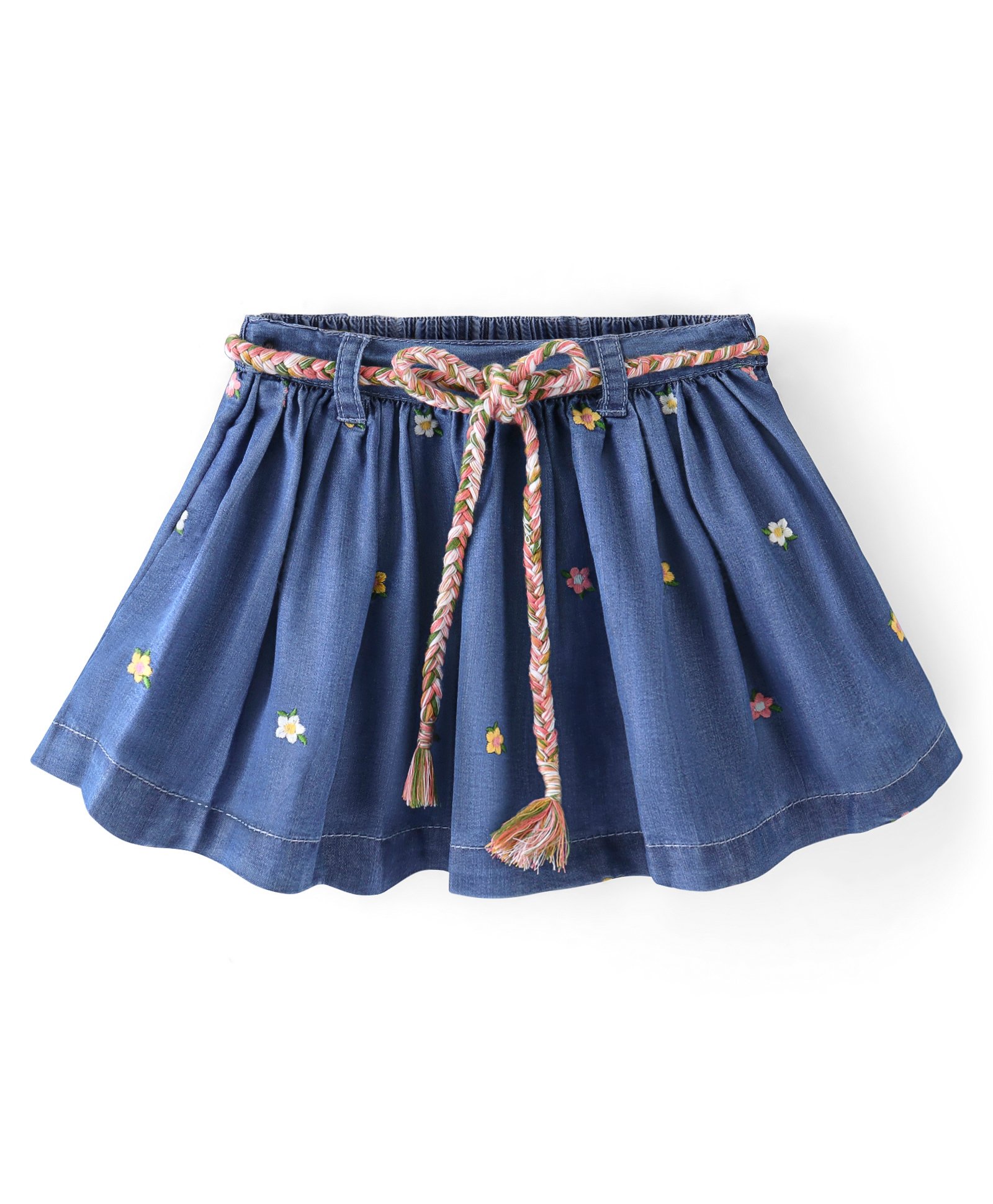 Babyhug 100% Cotton Mid Thigh Length Pleated Denim Skirt Floral Embroidery - Blue-picture-18