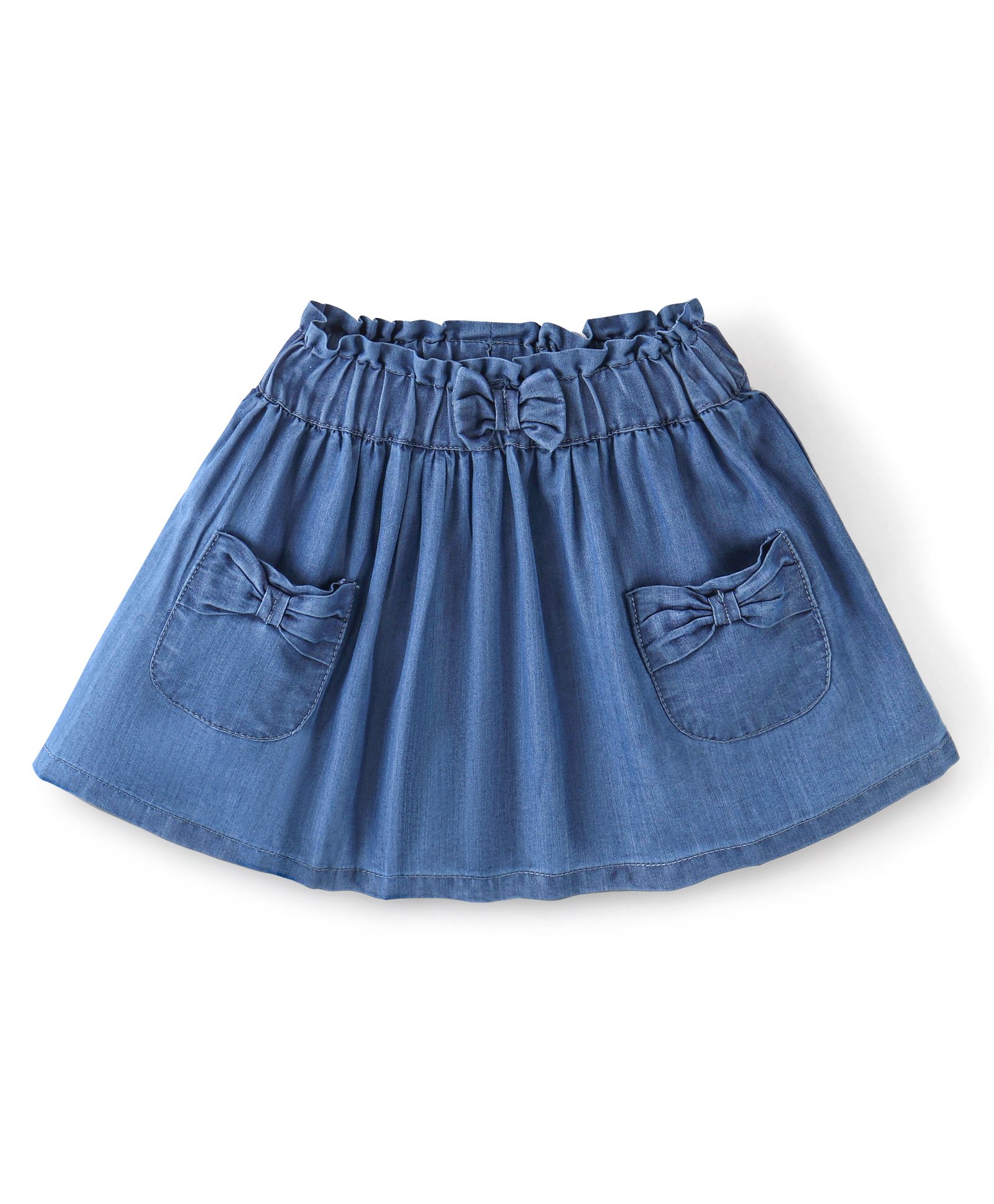 Babyhug 100% Cotton Mid Thigh Length Solid Color Denim Pleated Skirt with Bow Applique - Blue-image-9