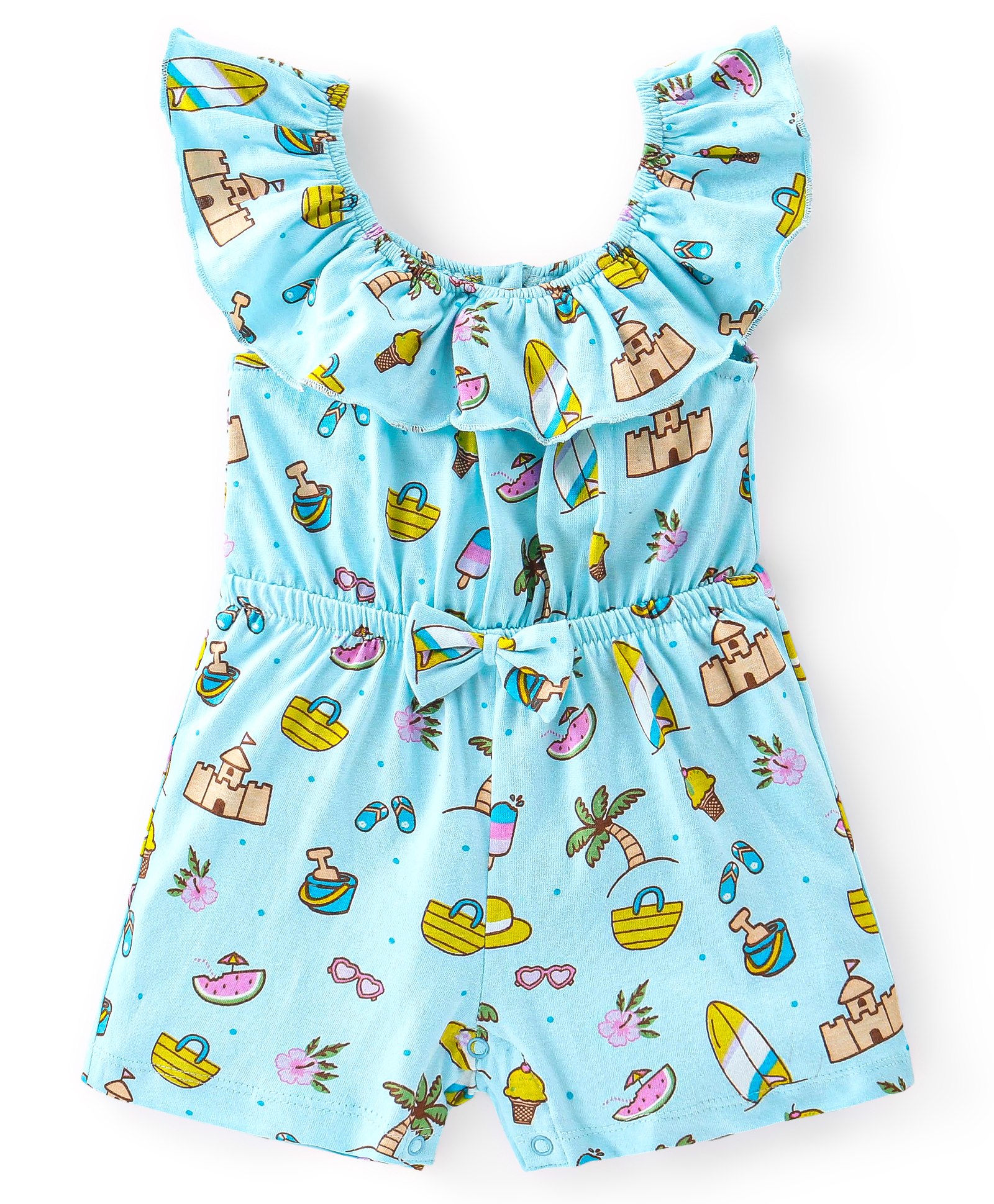 Babyhug 100% Cotton Knitted Sleeveless Beach Theme Jumpsuit with Bow Applique - Mint-picture-25