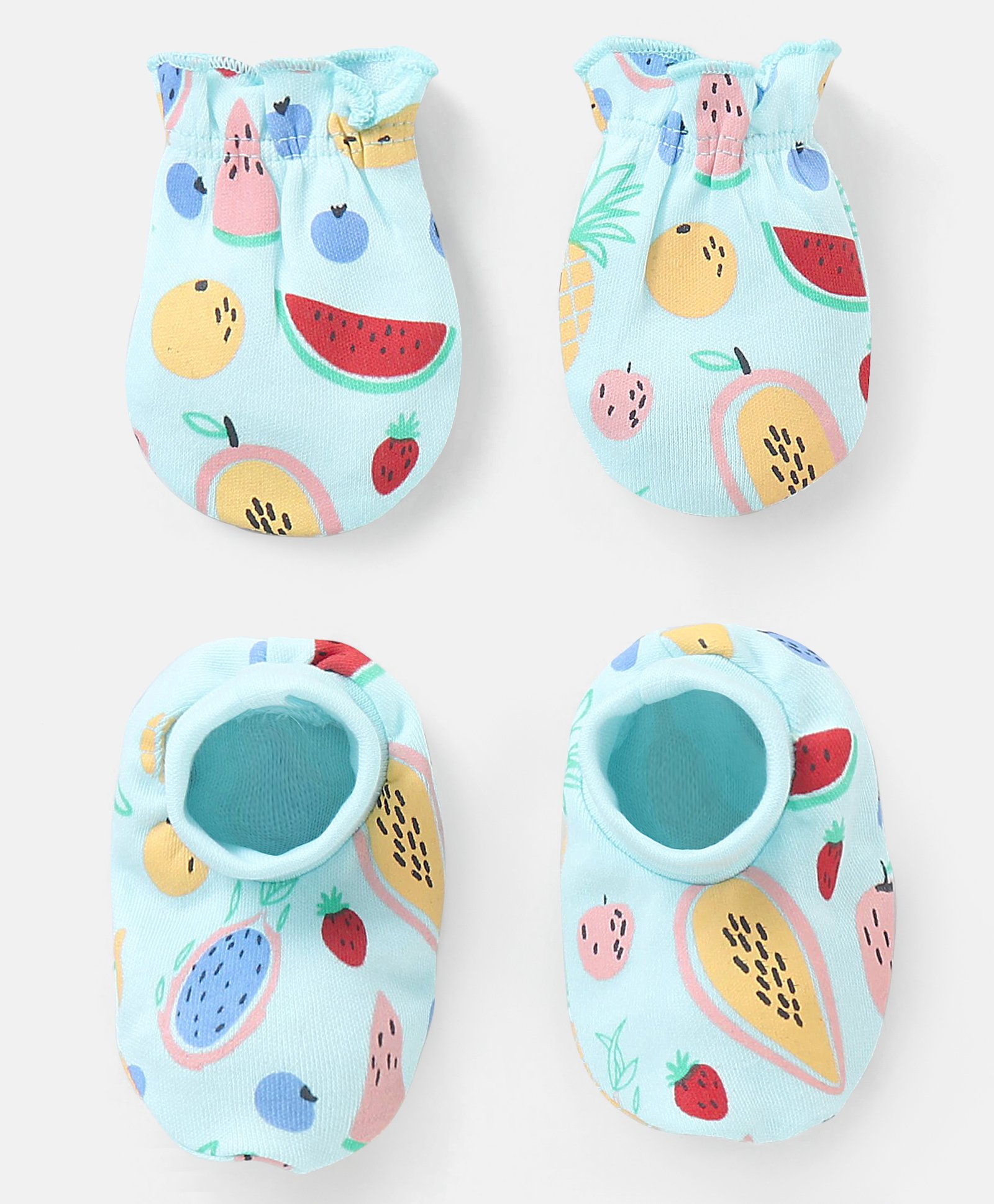 Babyhug 100% Cotton Knit Mittens & Booties Set Fruits Print - Blue-picture-11