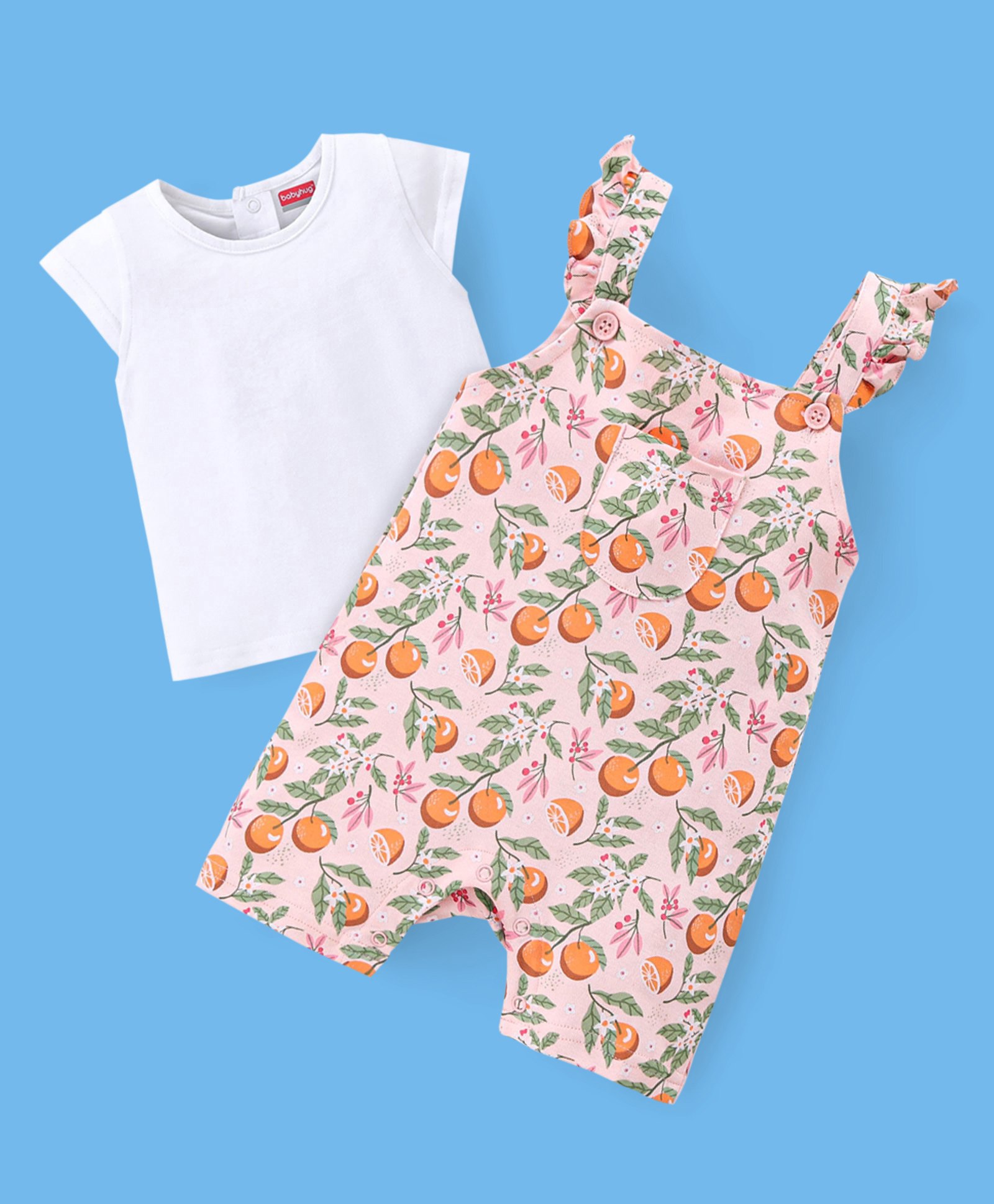 Babyhug 100% Cotton Half Sleeves Tee & Dungaree Set Tangerine Print- White & Light Orange-image-49