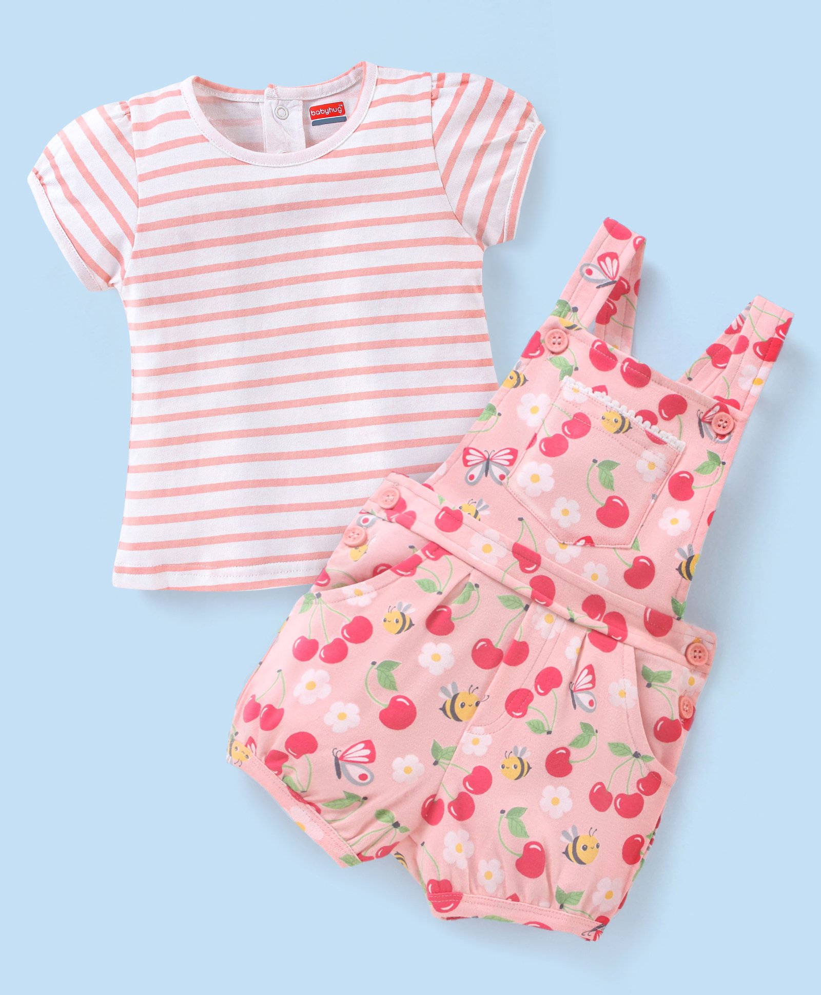 Babyhug 100% Cotton Knit Floral Print Dungaree & Half Sleeves Striped Tee Set - Pink & White-picture-36