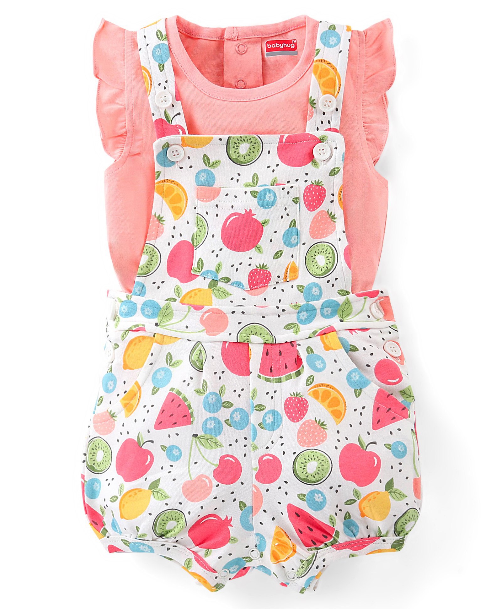 Babyhug 100% Cotton Knit Pomegranate Print  Dungaree with Half Sleeves Inner Tee - White & Pink-image-9