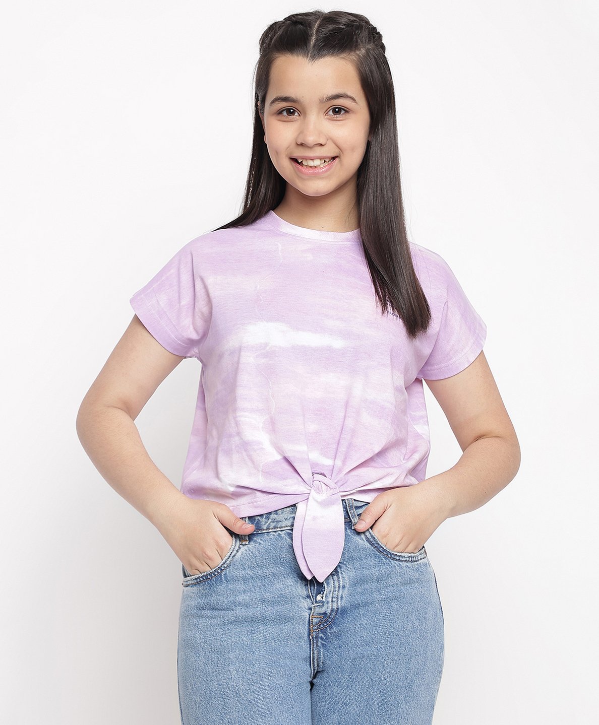 Lil Tomatoes Half Sleeves New Days Placement Printed Front Knotted Tie & Dye Top - Peach-picture-13