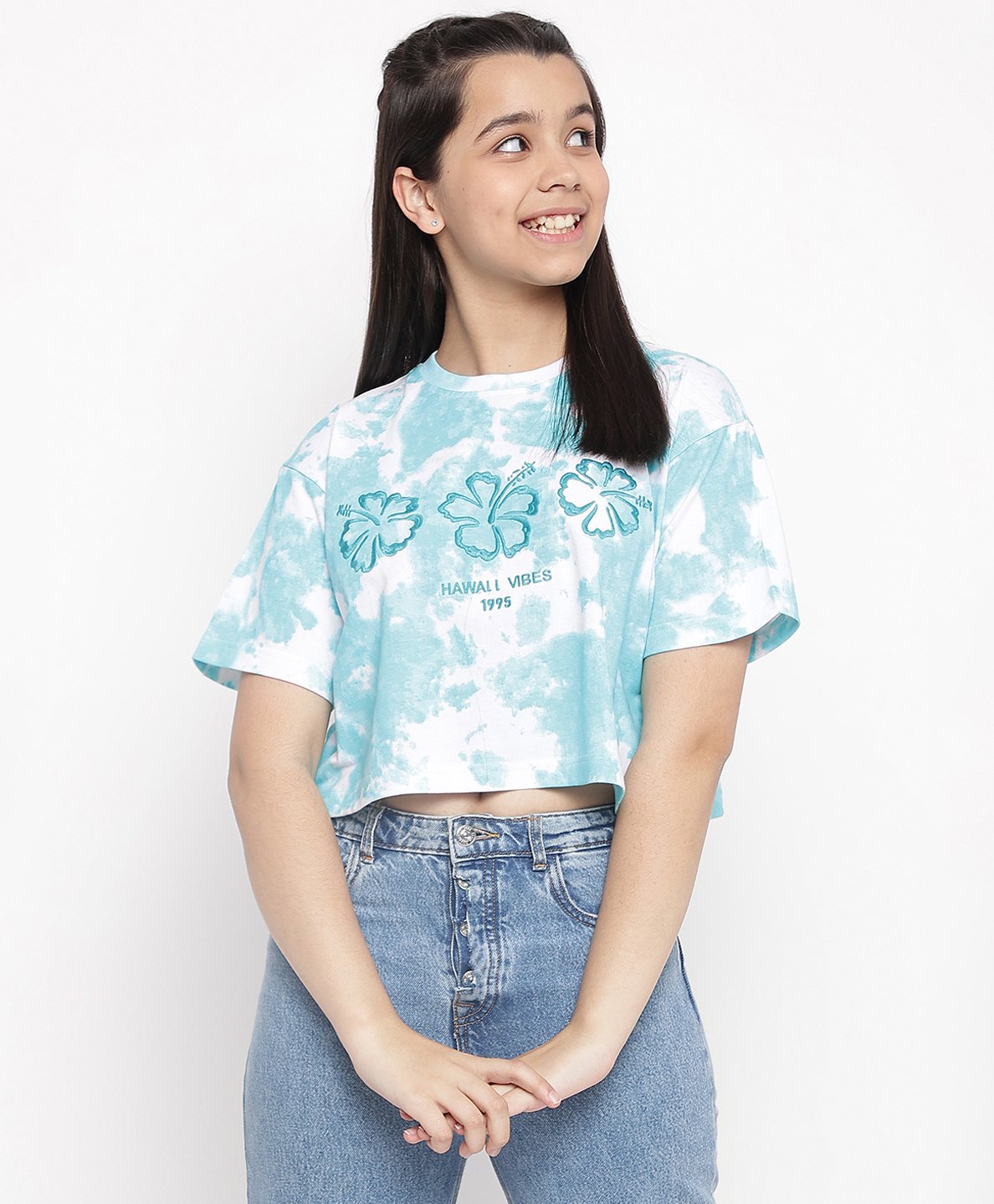 Lil Tomatoes Lil Tomatoes Half Sleeves Crumple Tie & Dye Hawaii Vibes Flower Printed Top - Blue-picture-15
