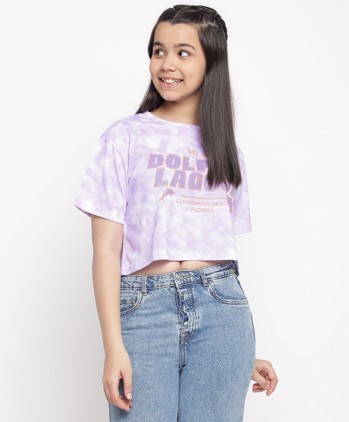 Lil Tomatoes Half Sleeves Tie & Dye Abstract Dolphin Florida Printed Top - Purple-picture-31