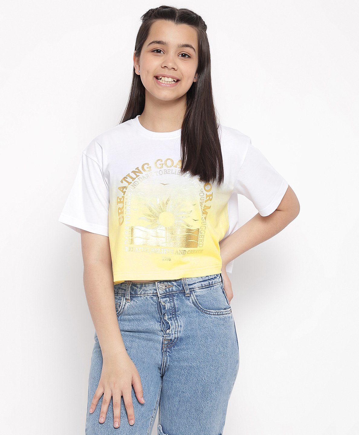 Lil Tomatoes Half Sleeves Sun & Sea Waves Printed Colour Gradient Top - Lemon Yellow-image-10