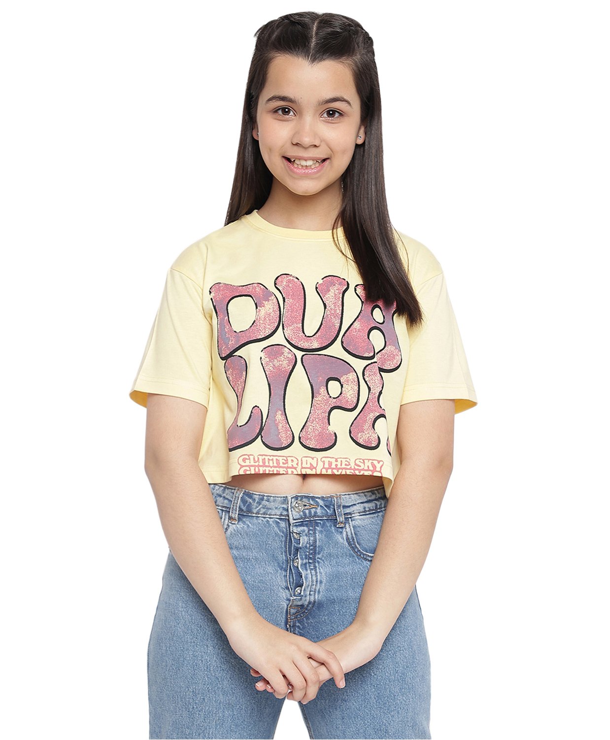 Lil Tomatoes Half Sleeves Dua Lipa Printed Top - Lemon Yellow-picture-14