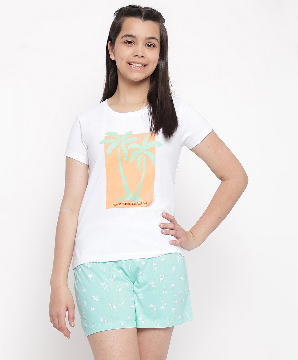 Lil Tomatoes Half Sleeves Coconut Trees Printed Night Suit - White-picture-28