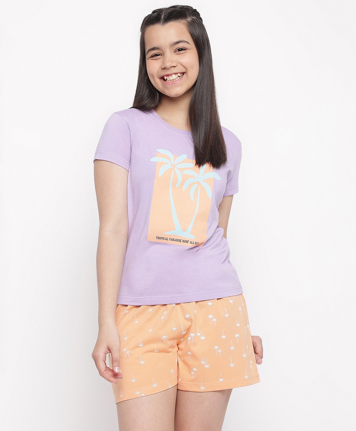 Lil Tomatoes Half Sleeves Coconut Trees Printed Night Suit - Purple-picture-20
