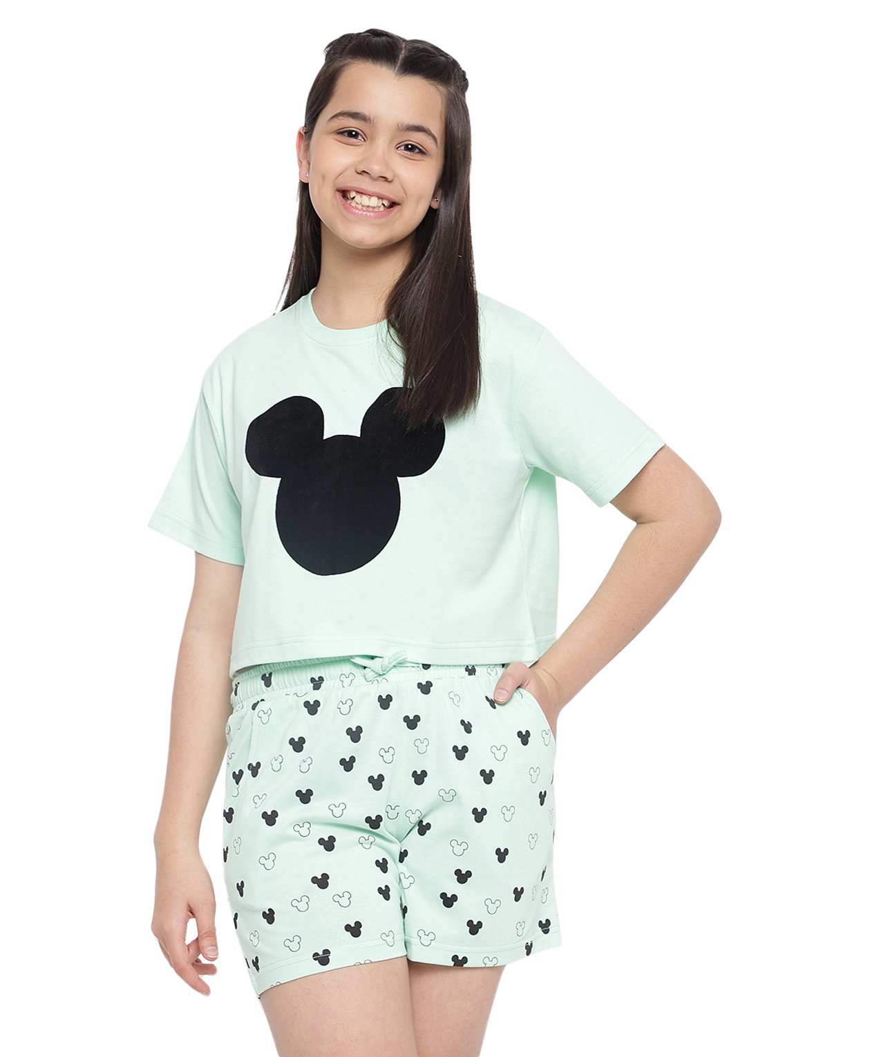 Lil Tomatoes Half Sleeves Disney Mickey Mouse Printed Night Suit - Green-picture-20