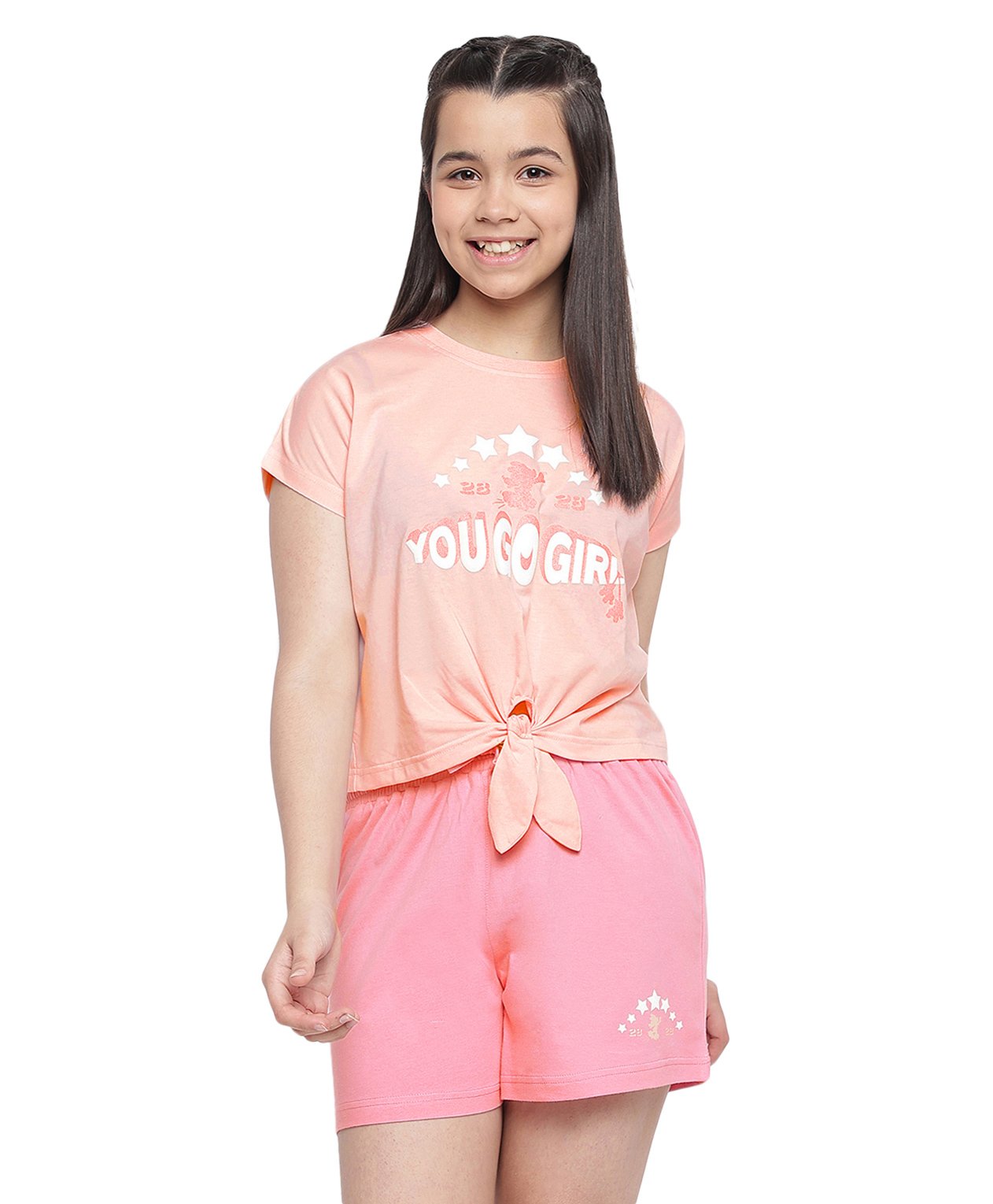 Lil Tomatoes Half Sleeves Disney Minnie You Go Girl Printed Front Tie Up Night Suit - Pink-picture-24