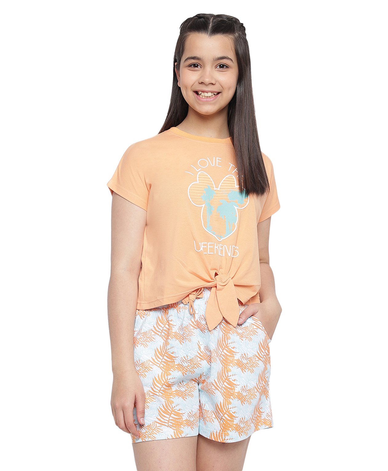 Lil Tomatoes Half Sleeves Disney Minnie I Love The Weekends Printed Front Tie Up Night Suit - Peach-picture-37