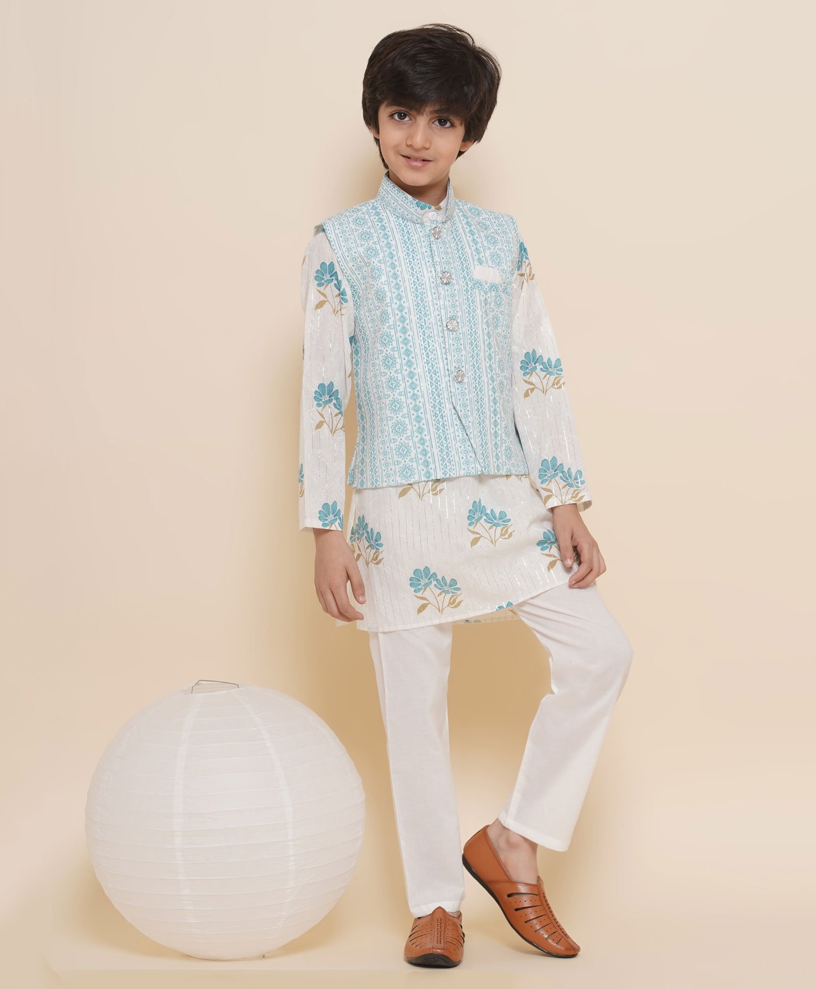 AJ Dezines Full Sleeves Shadow Striped Embellished Floral & Abstract Ethnic Pattern Motif Printed Kurta Pajama & Jacket Set - Blue-picture-28