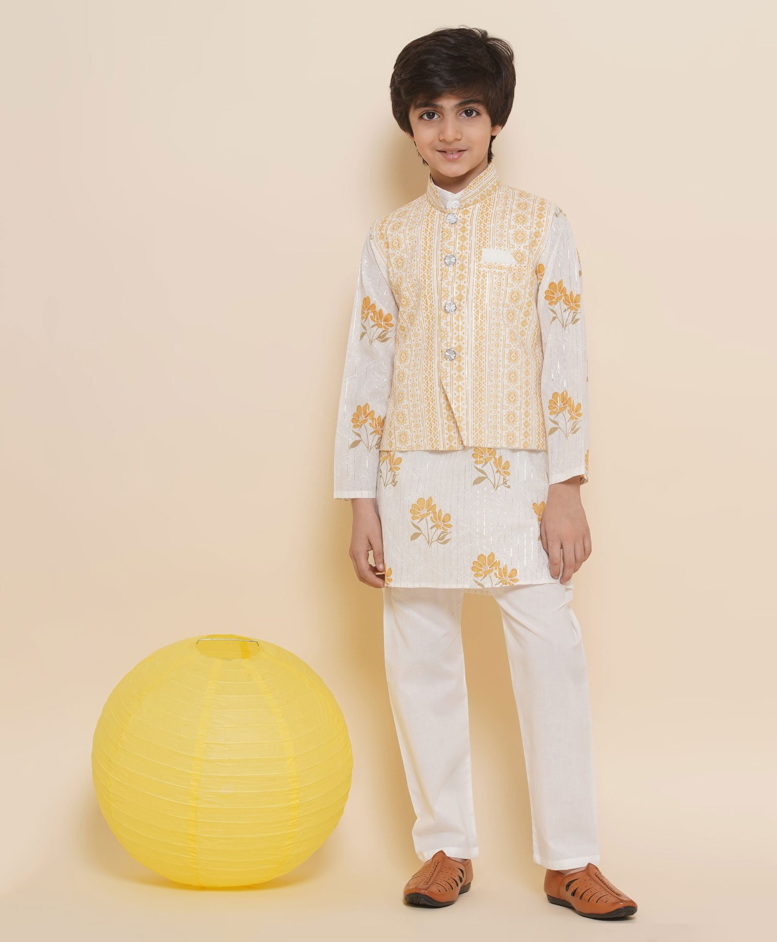 AJ Dezines Full Sleeves Shadow Striped Embellished Floral & Abstract Ethnic Pattern Motif Printed Kurta Pajama & Jacket Set - Yellow-image-37