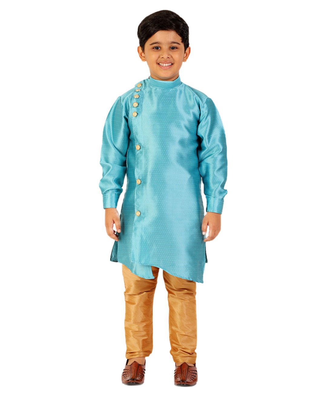 P-MARK Full Sleeves Floral Abstract Motif Self Design Jacquard Silk Sherwani Set - Ferozi Blue-picture-26