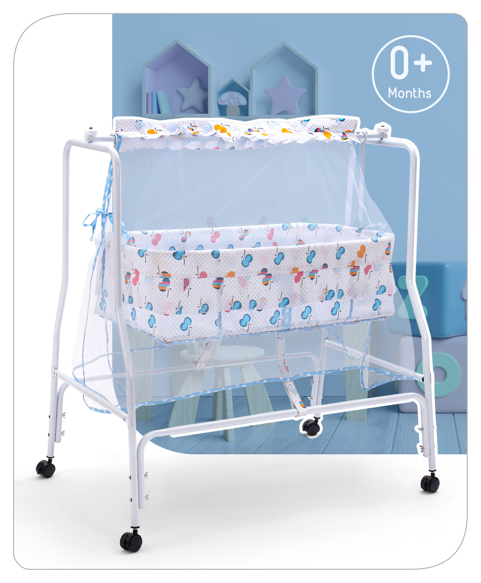 Babyhug Little Dreams Cradle with Mosquito Net & Wheels - Blue-image-15