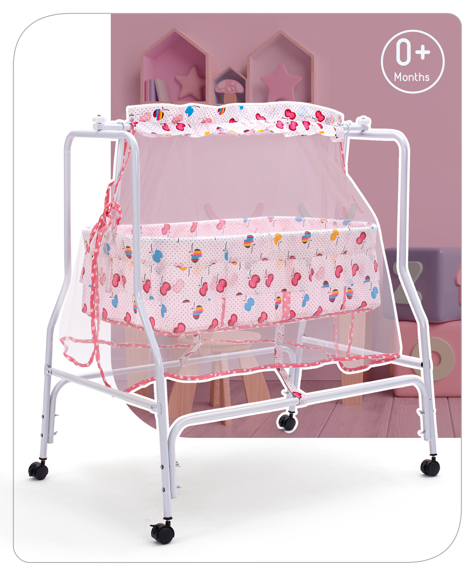 Babyhug Little Dreams Cradle with Mosquito Net & Wheels - Pink-image-14