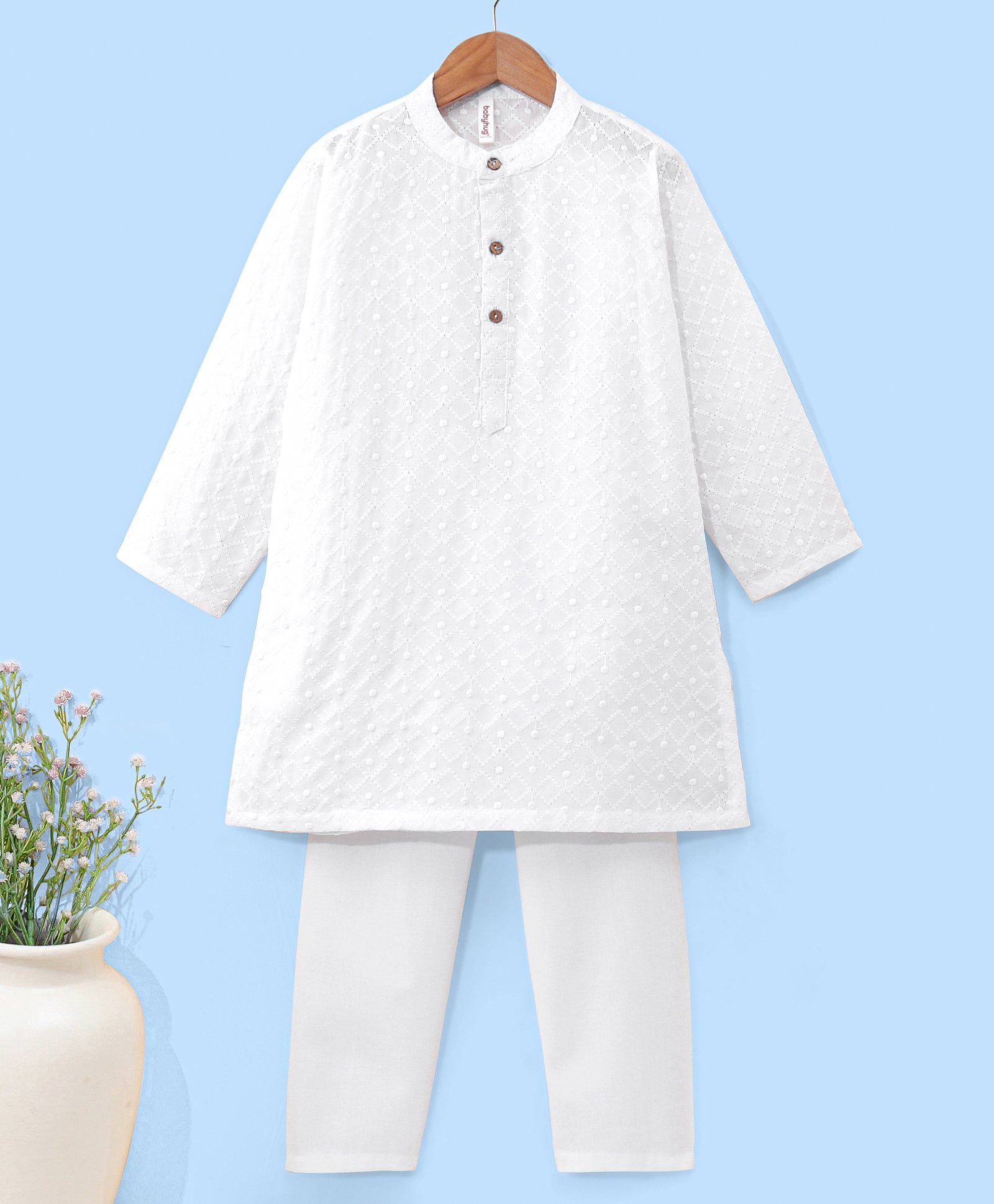 Babyhug 100% Cotton Woven Full Sleeves Square Embroidered Kurta with Pyjama Set - White-picture-17