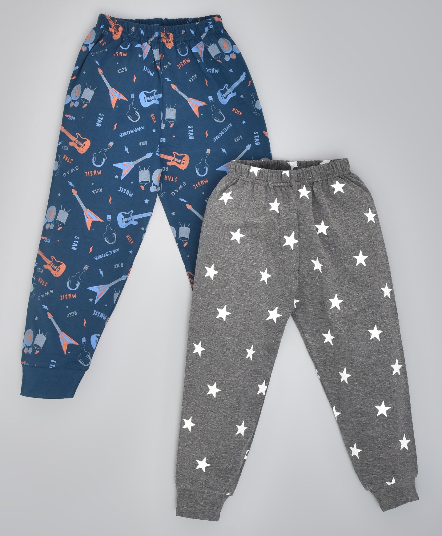 hrit Kiwi Pack Of 2 100% Cotton All Over Star & Guitars Printed Lounge Pants With Ribbed Bottom - Blue & Grey-picture-27